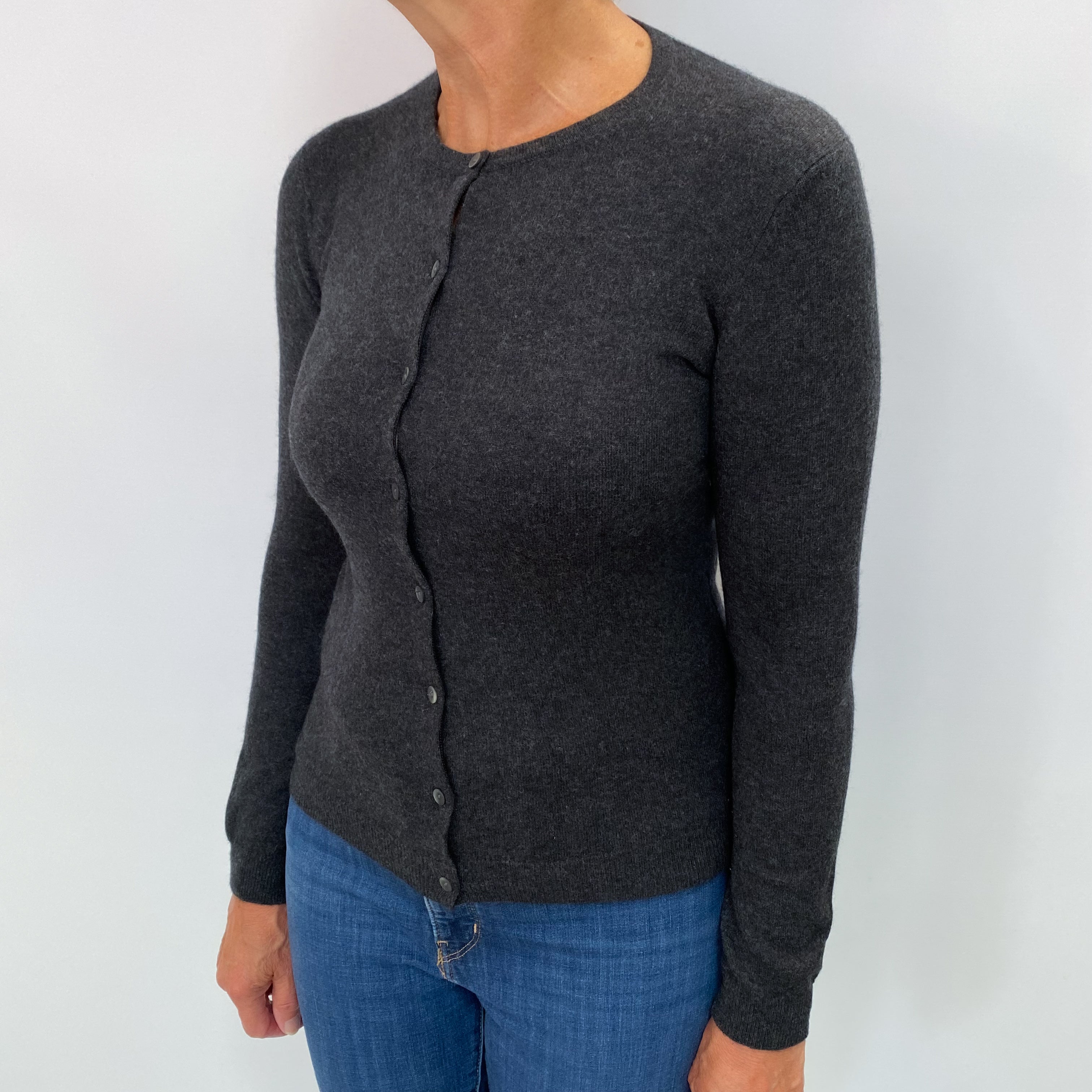 Charcoal Grey Cashmere Crew Neck Cardigan Medium
