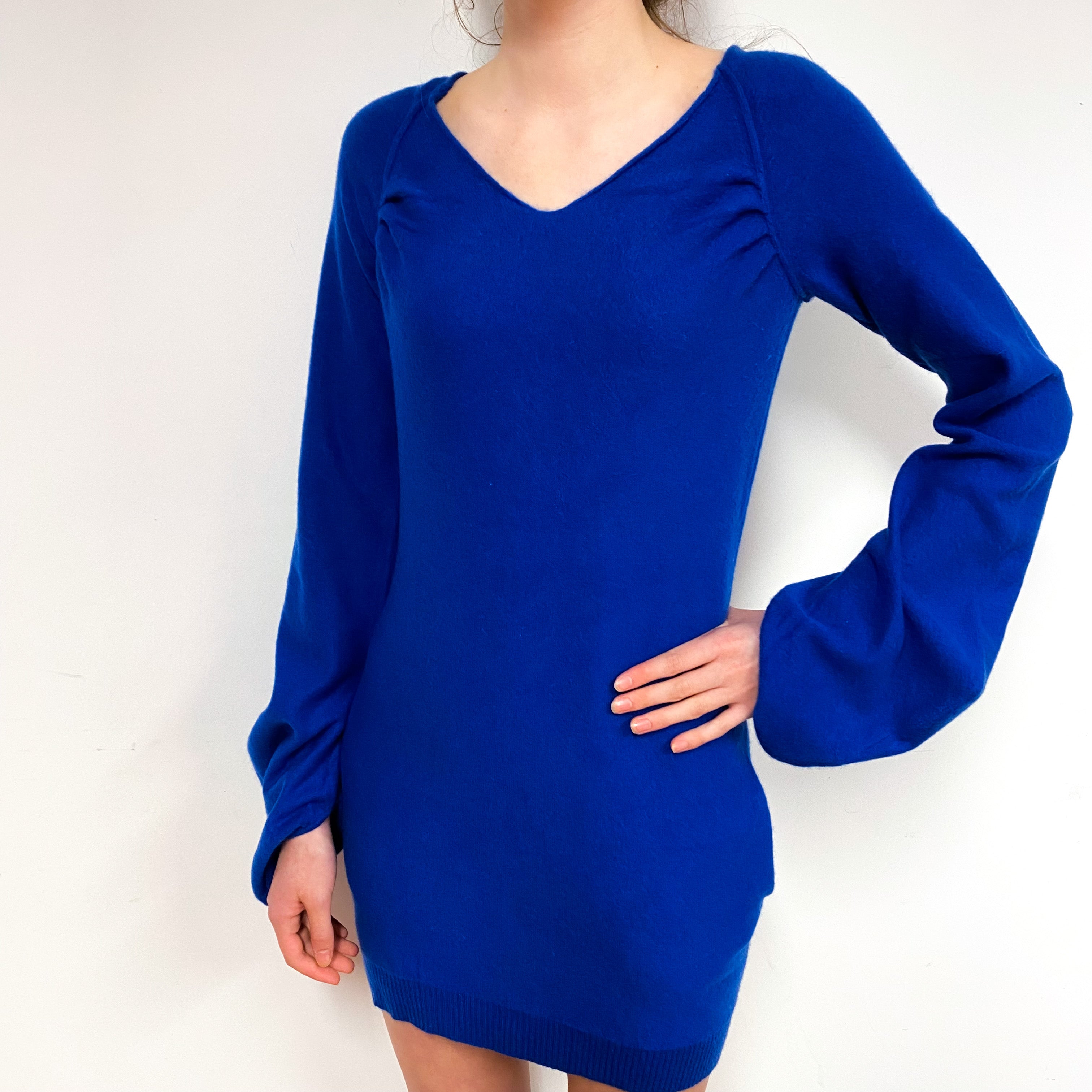 Indigo Blue Balloon Sleeve Cashmere V-Neck Dress Extra Small