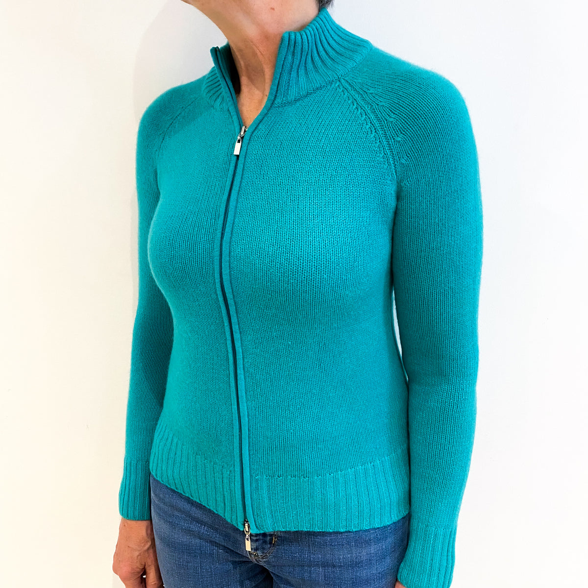 Seaweed Green Cashmere Turtle Neck Zip Up Cardigan Medium