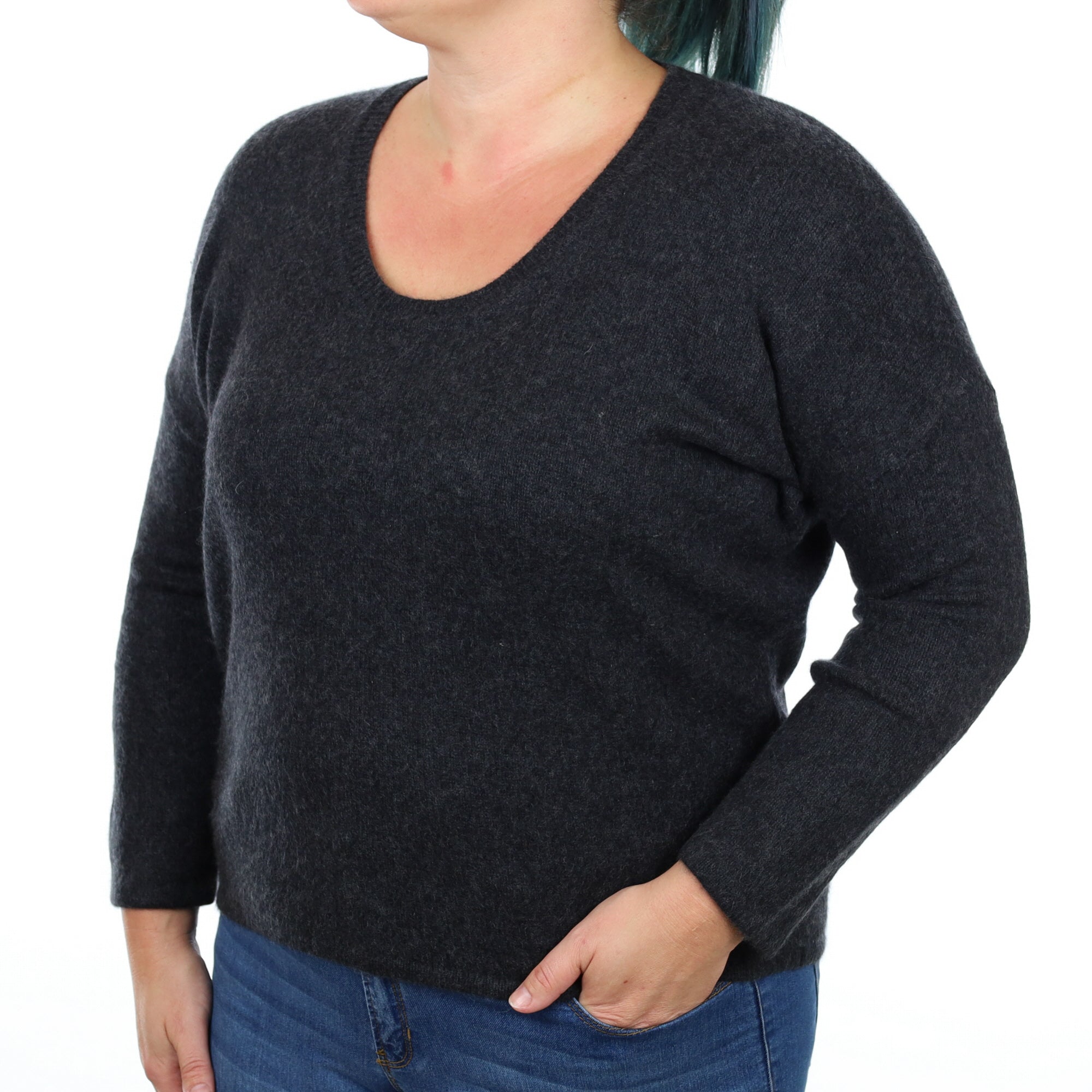 Charcoal Grey Cashmere Scoop Neck Jumper Large