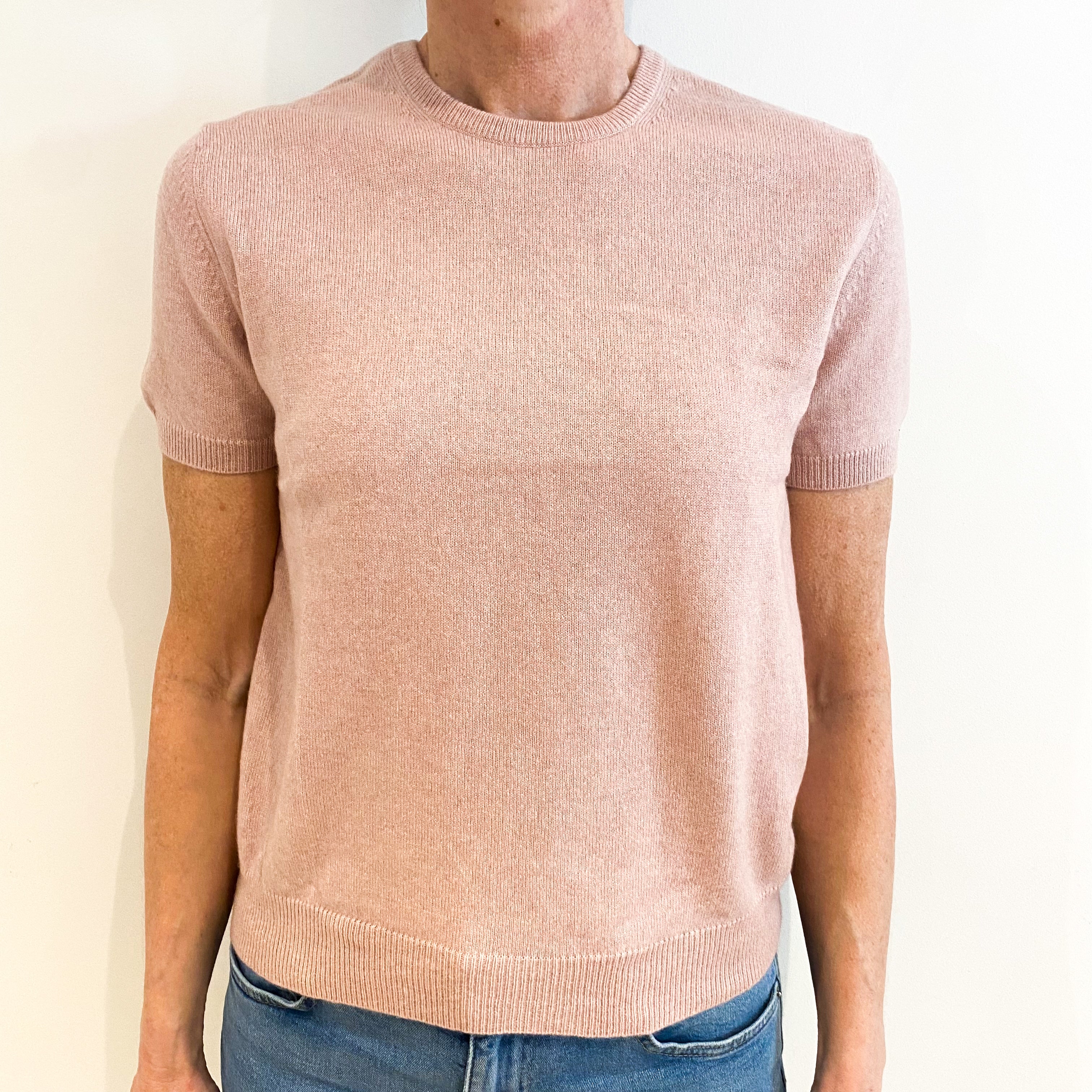 Dusky Pink Cashmere Crew Neck Short Sleeved Jumper Small
