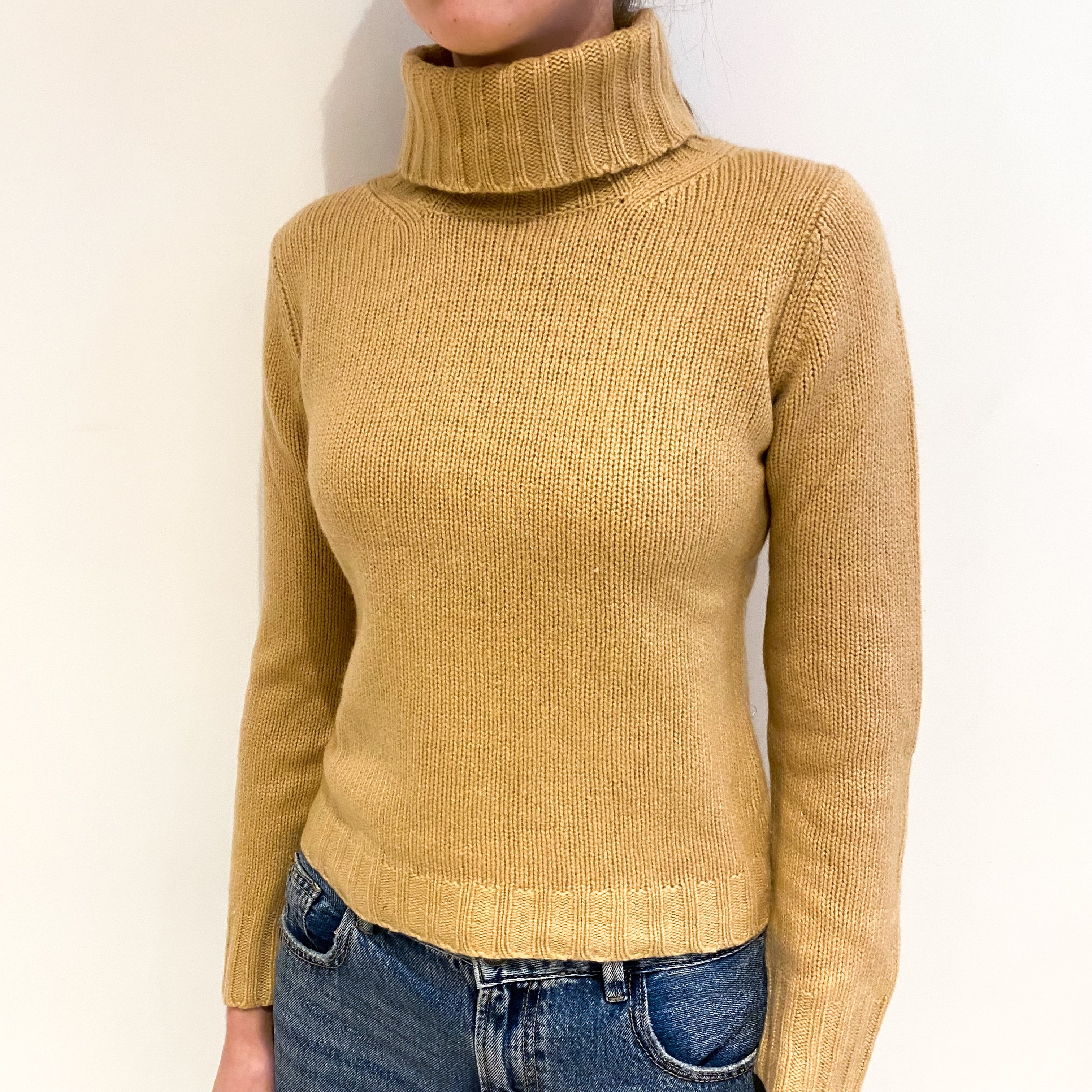 Caramel Brown Chunky Cashmere Polo Neck Jumper Extra Small