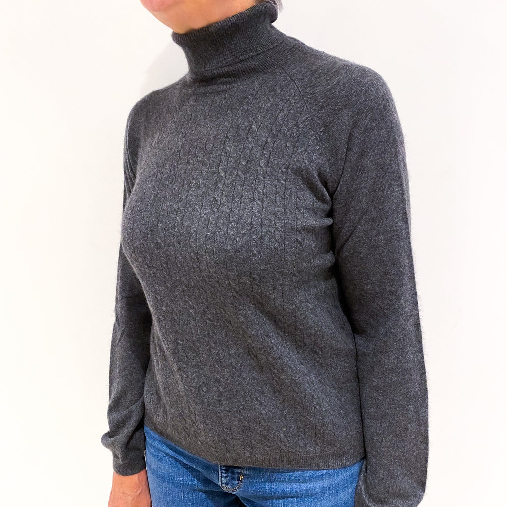 Slate Grey Cable Knit Cashmere Polo Neck Jumper Medium