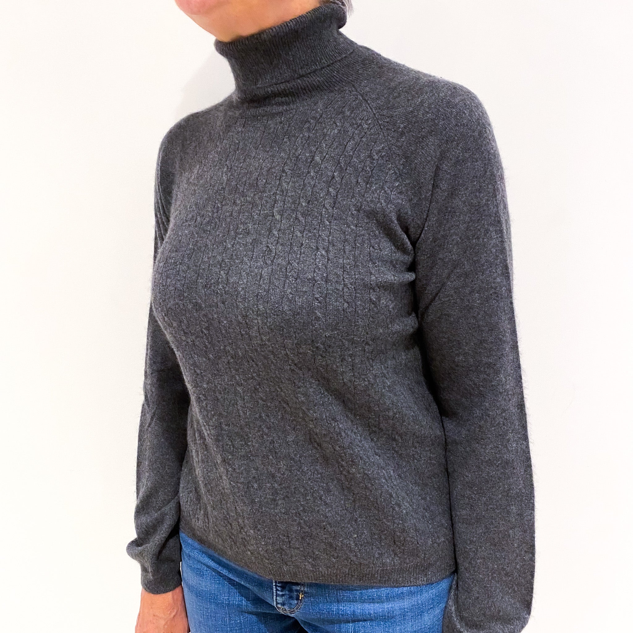 Slate Grey Cable Knit Cashmere Polo Neck Jumper Medium