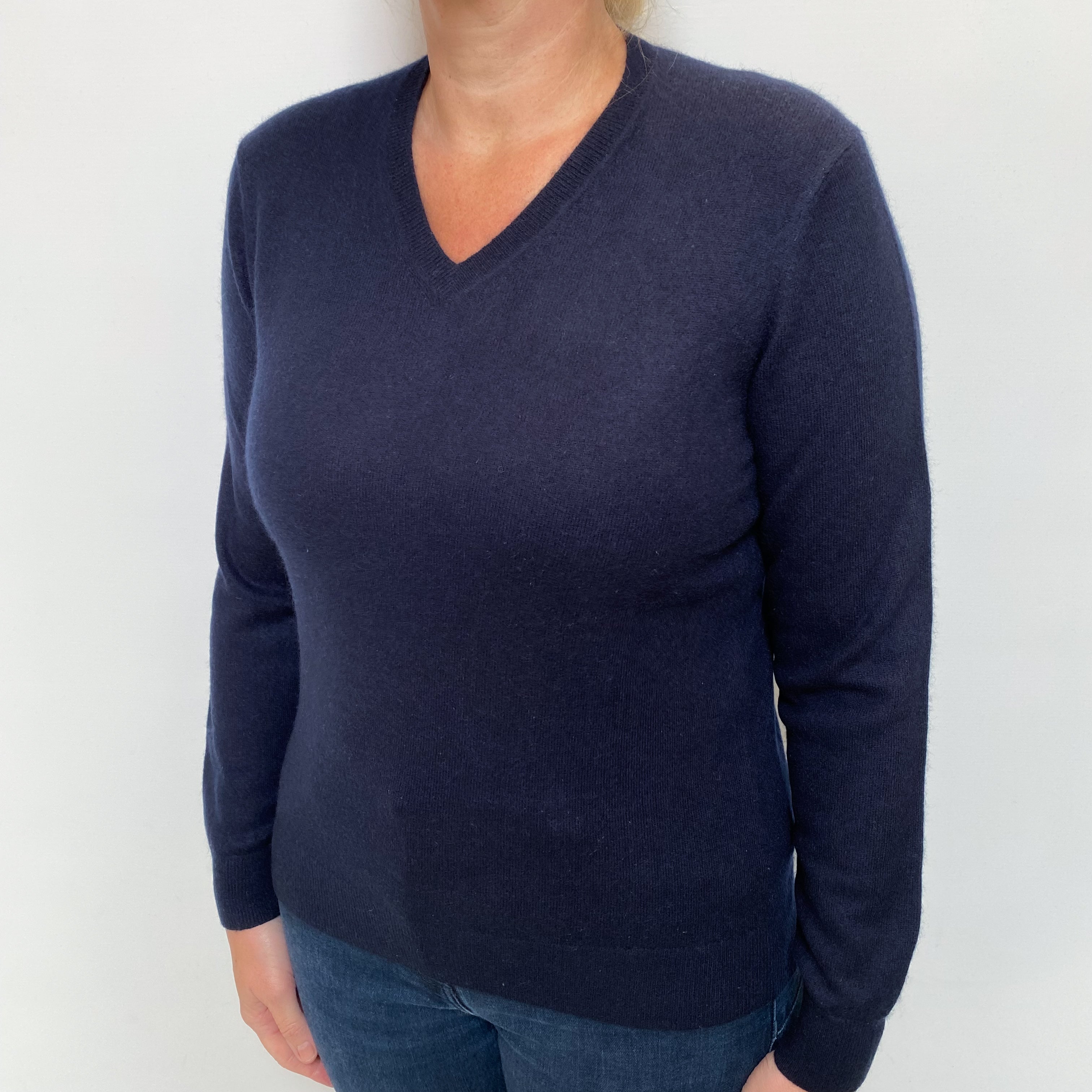 Navy Blue Cashmere V Neck Jumper Large
