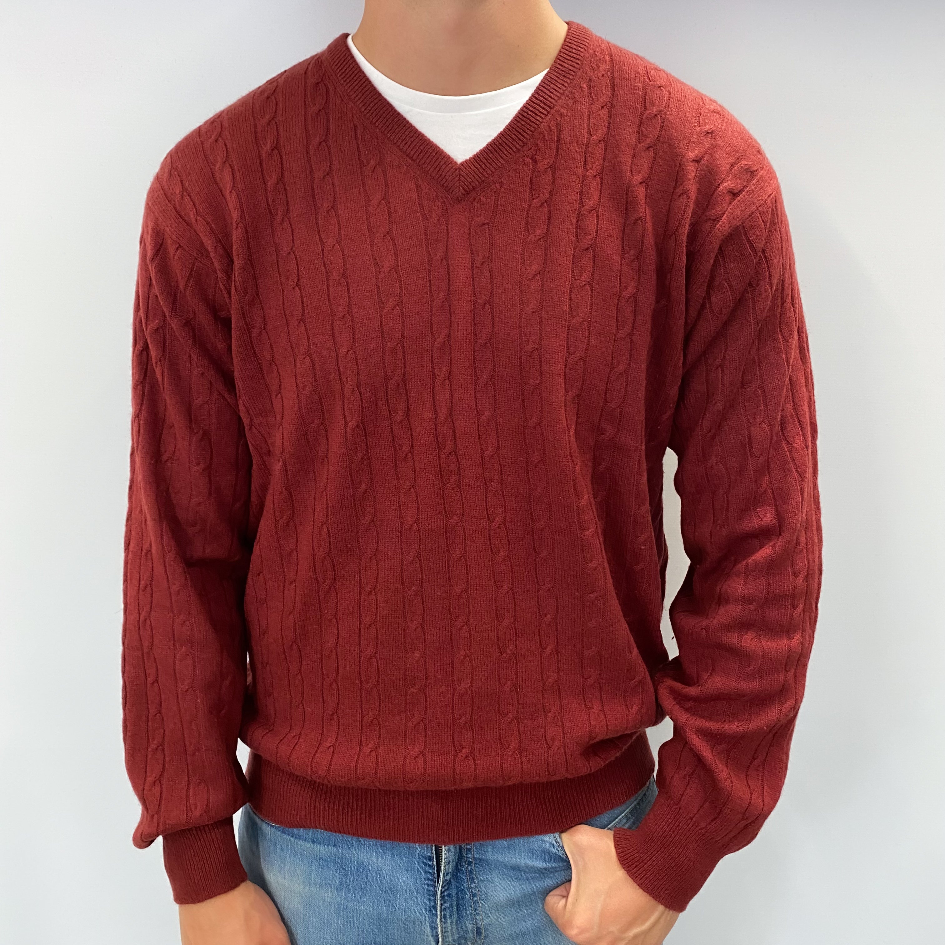 Men's Brick Red Cashmere V Neck Cable Knit Jumper XL