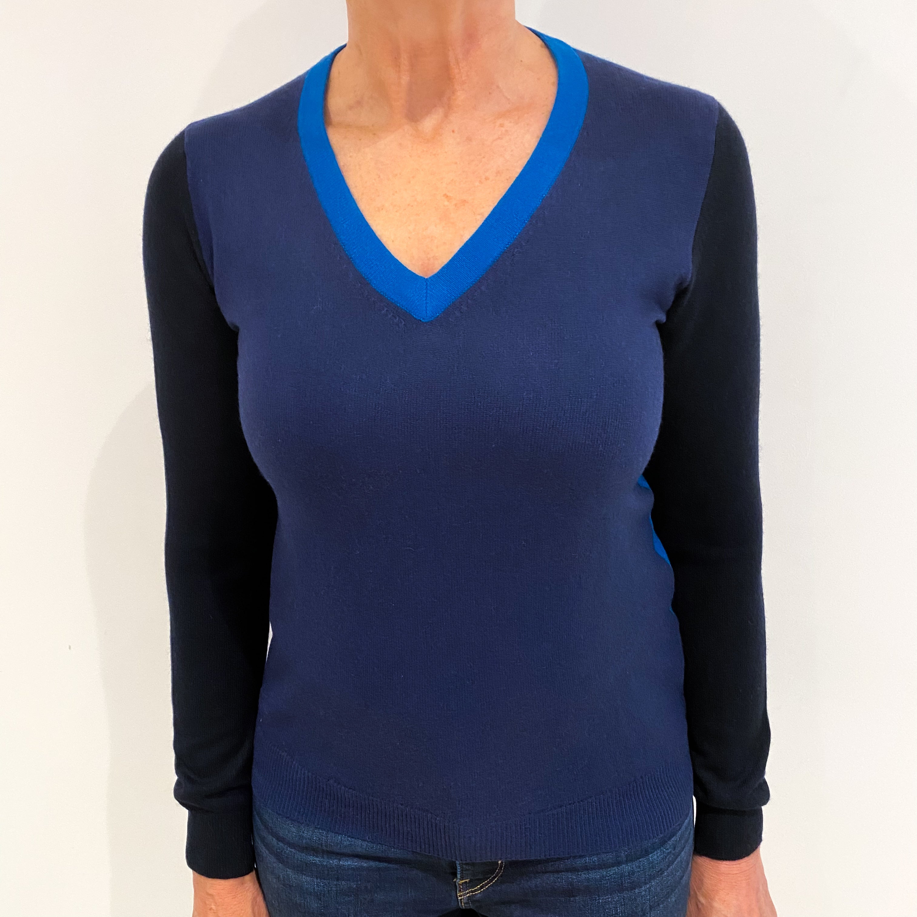 Navy Teal and French Navy Cashmere V Neck Jumper Medium