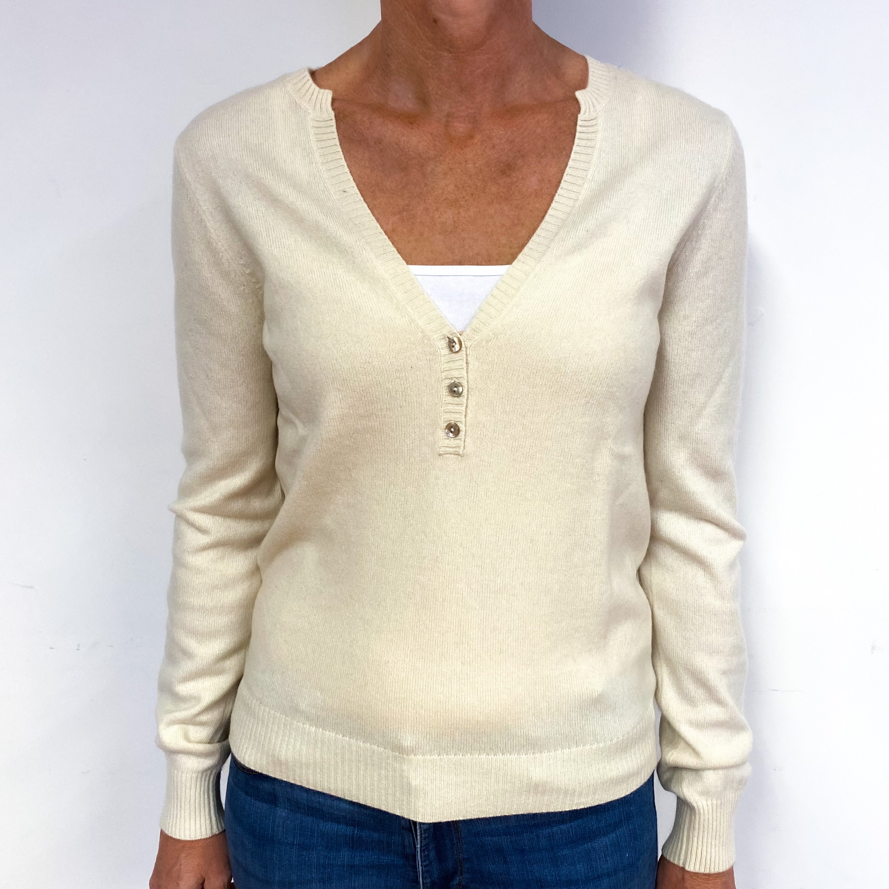 Cream Cashmere Buttoned V-Neck Jumper Medium