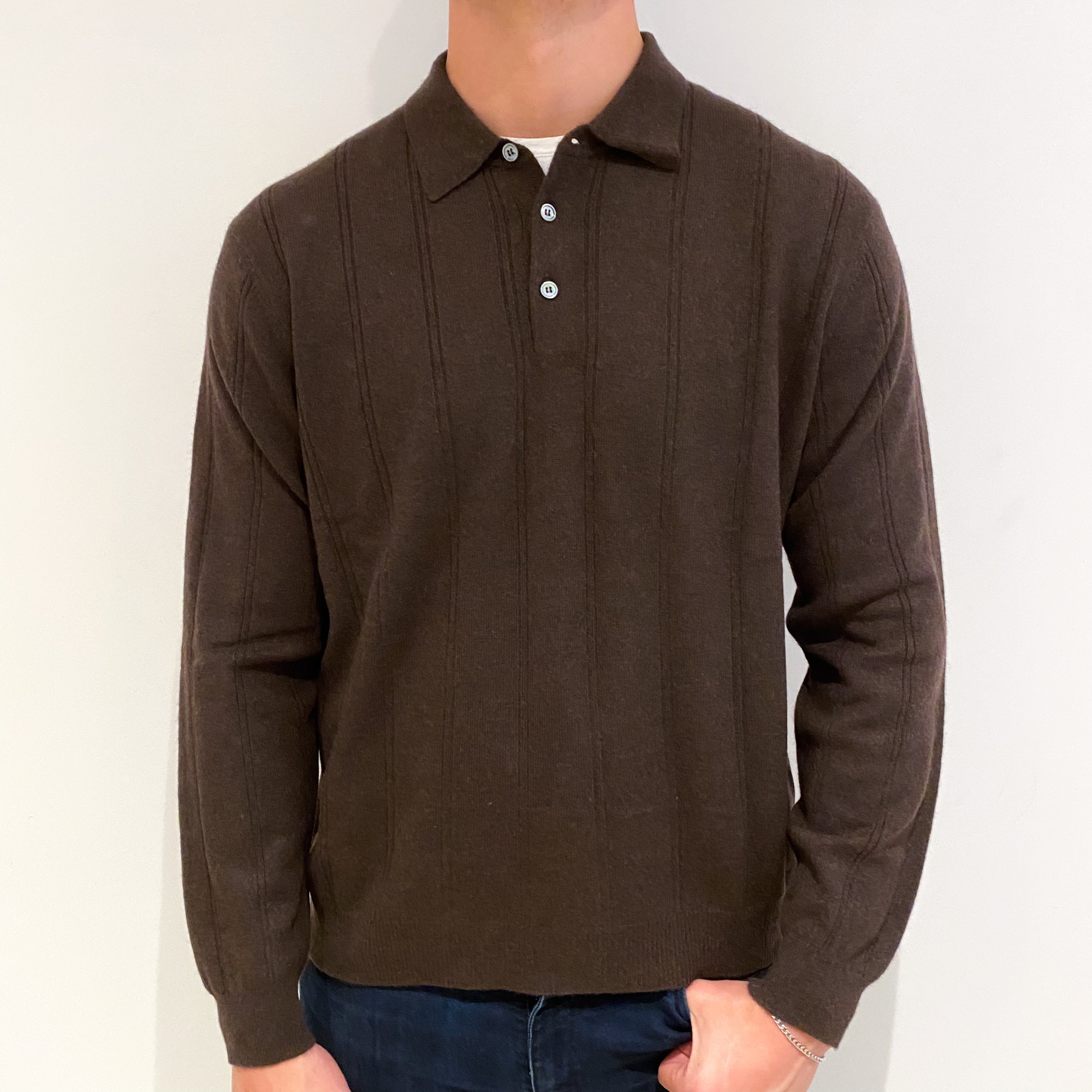 Men's Mole Brown Cashmere Quarter Button Collared Jumper Extra Large