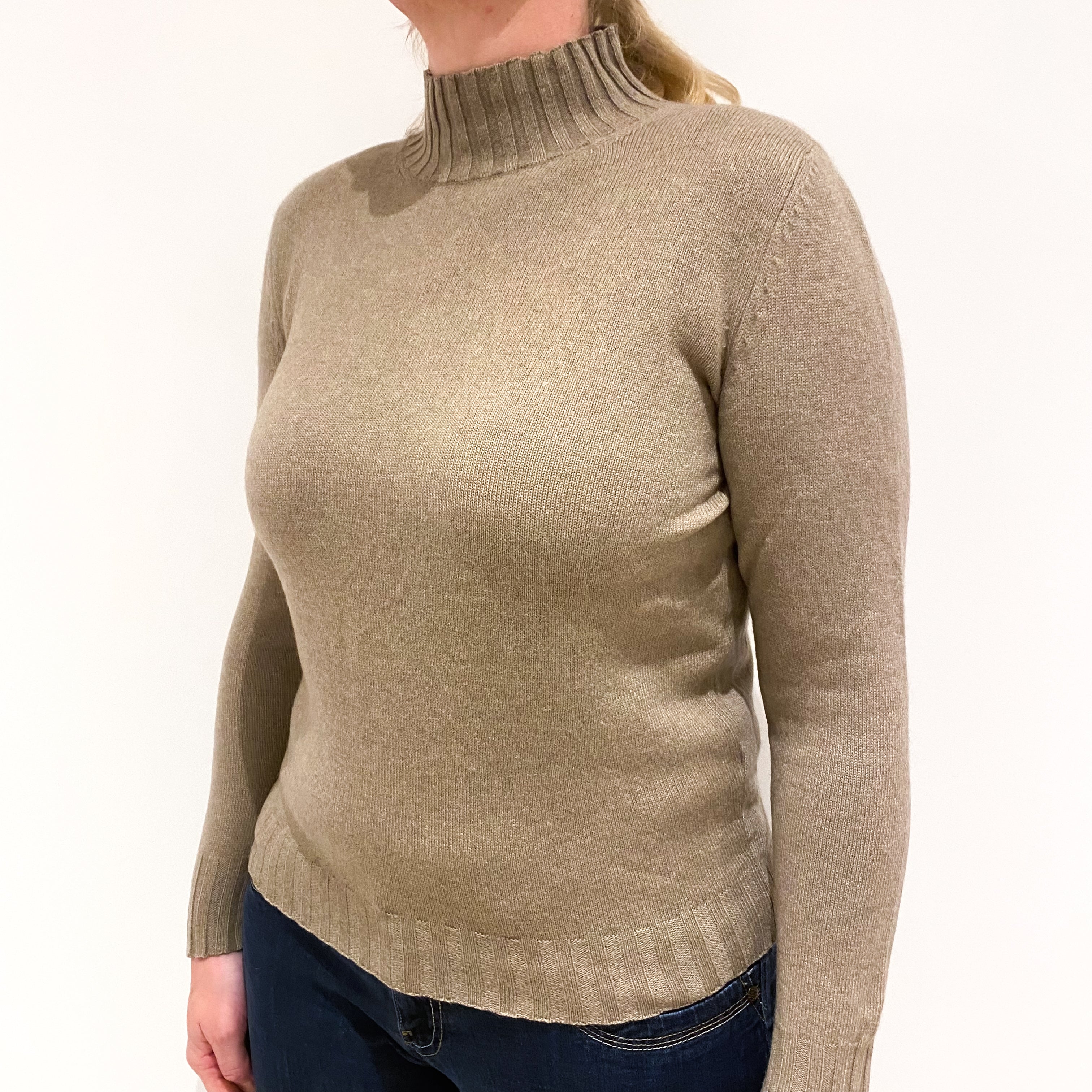 Taupe Brown Cashmere Turtle Neck Jumper Large