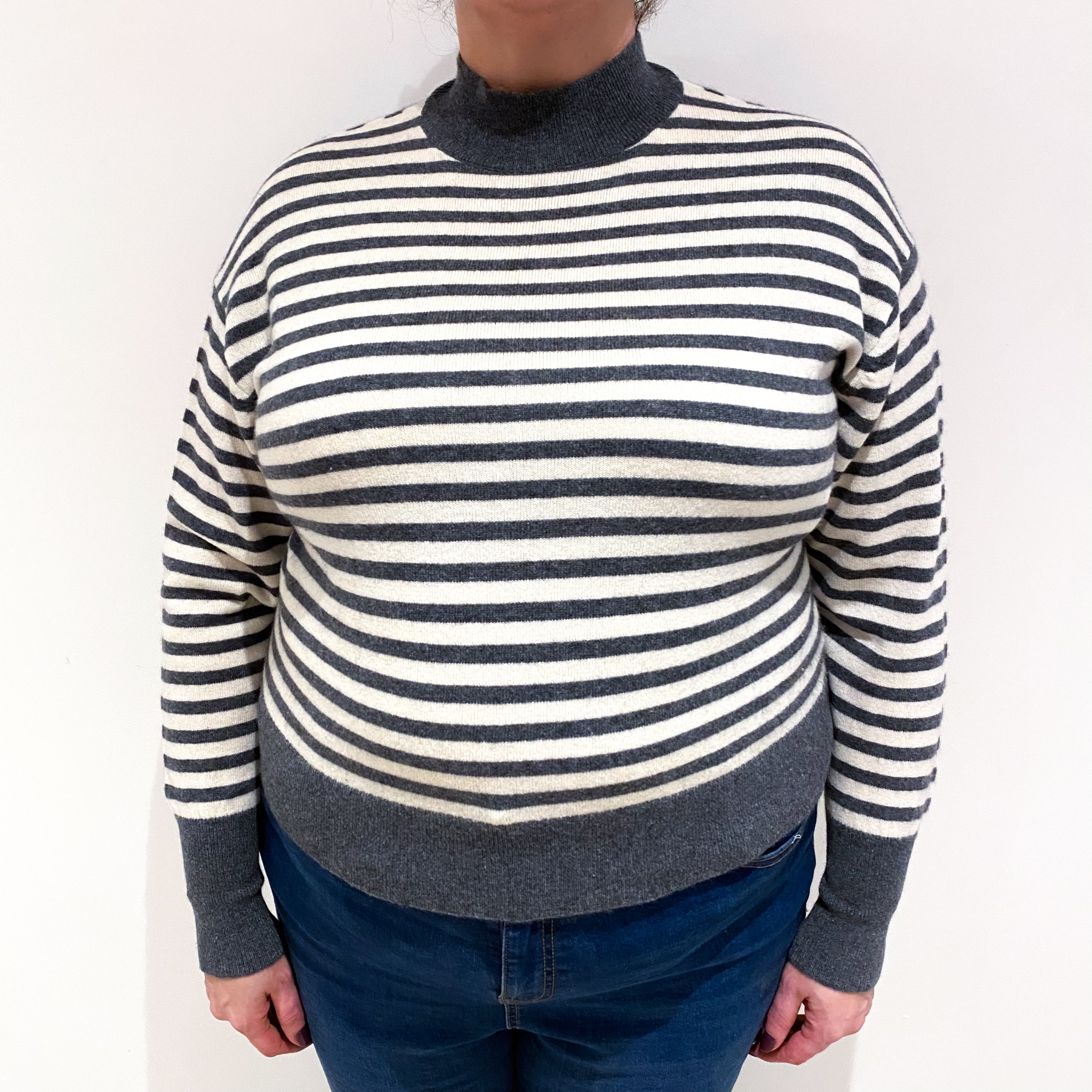 Grey and Cream Stripe Cashmere Turtle Neck Jumper Extra Large