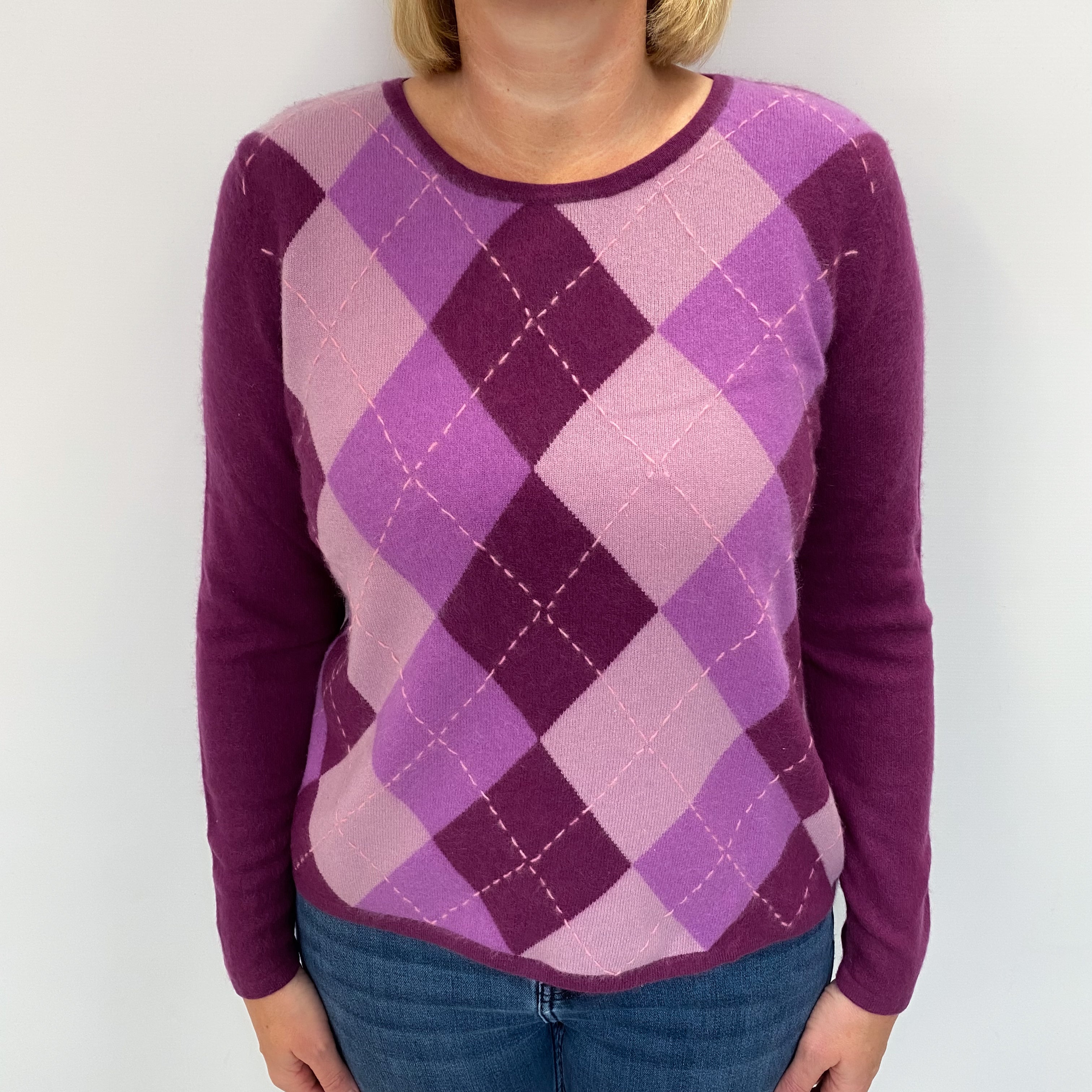 Deep Purple Argyle Cashmere Crew Neck Jumper Large