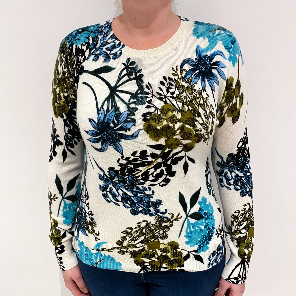 Cream Floral Print Cashmere Crew Neck Jumper Large