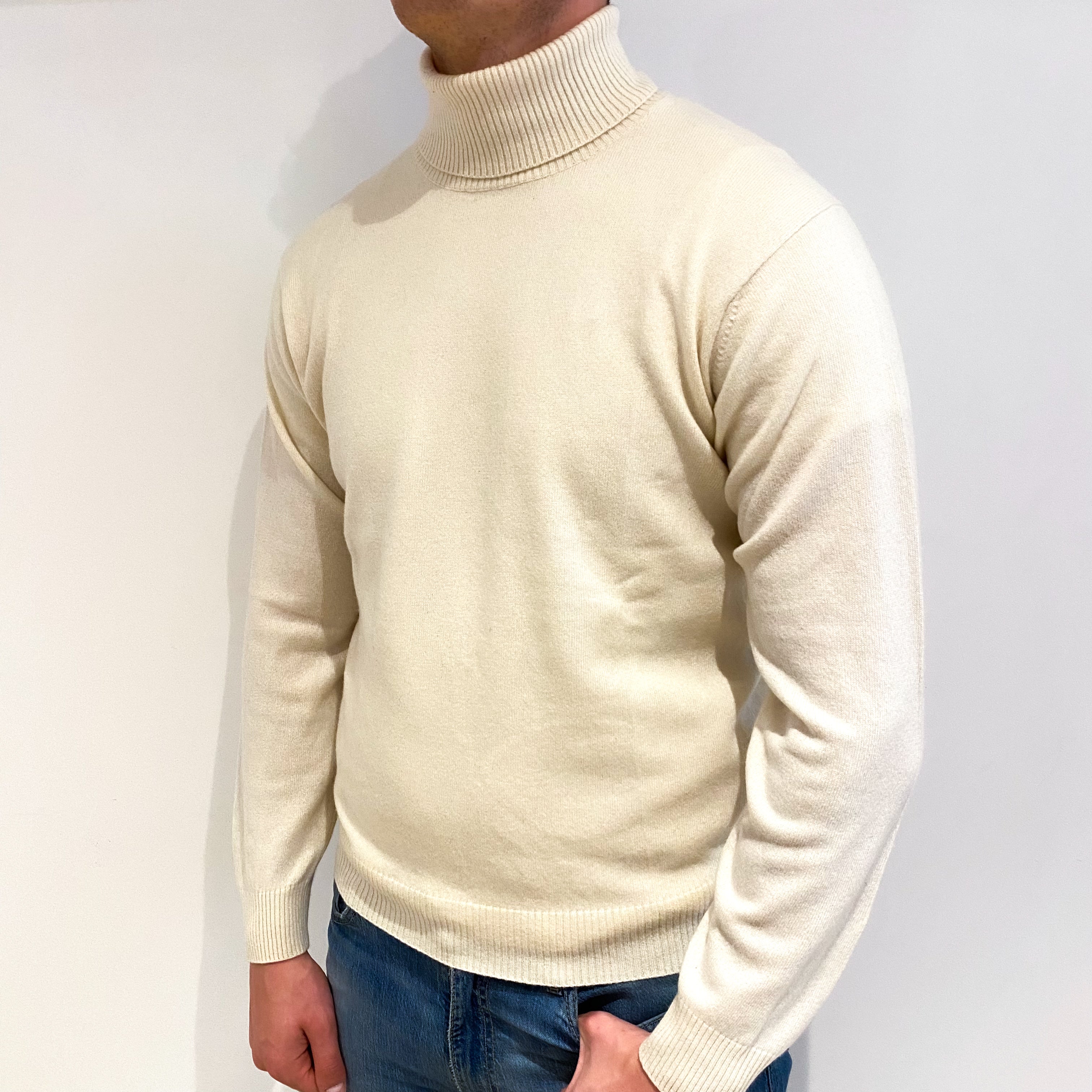 Men's Vanilla Cream Cashmere Polo Neck Jumper XL