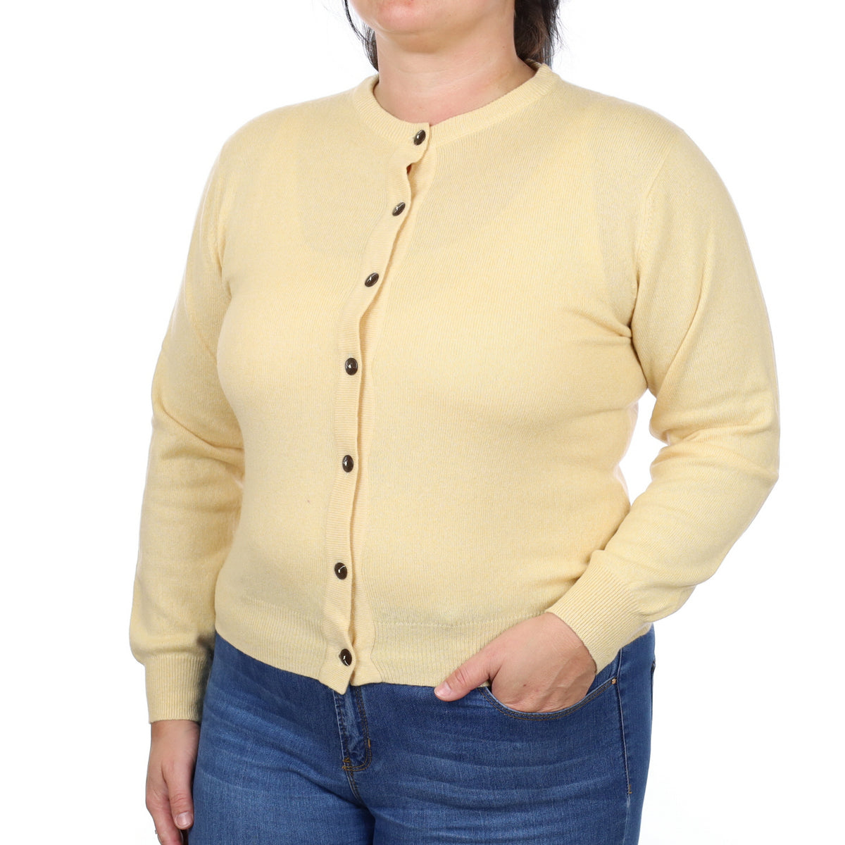 Buttermilk Yellow Cashmere Crew Neck Cardigan Large