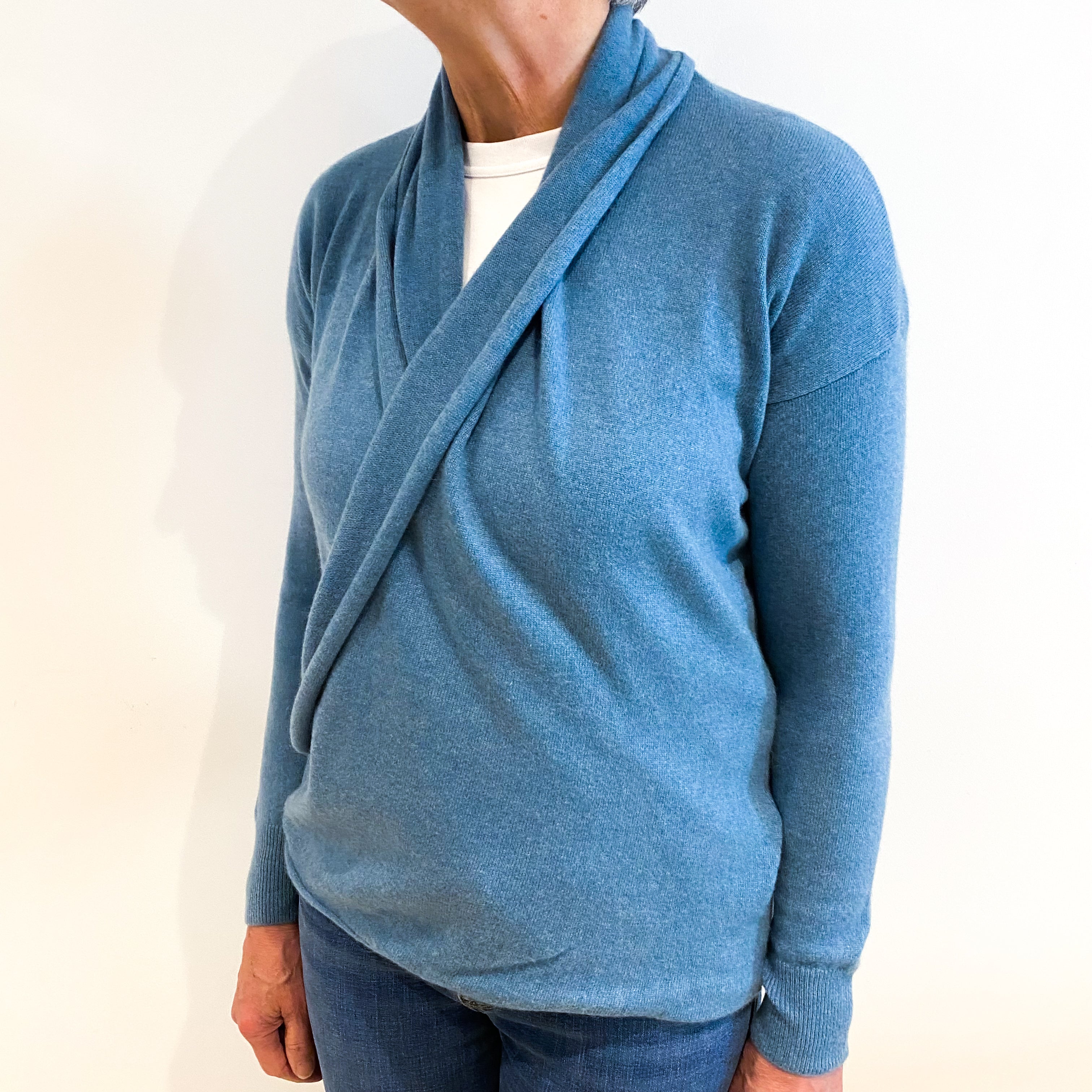 Airforce Blue Cashmere V Neck Cross Over Cardigan Medium