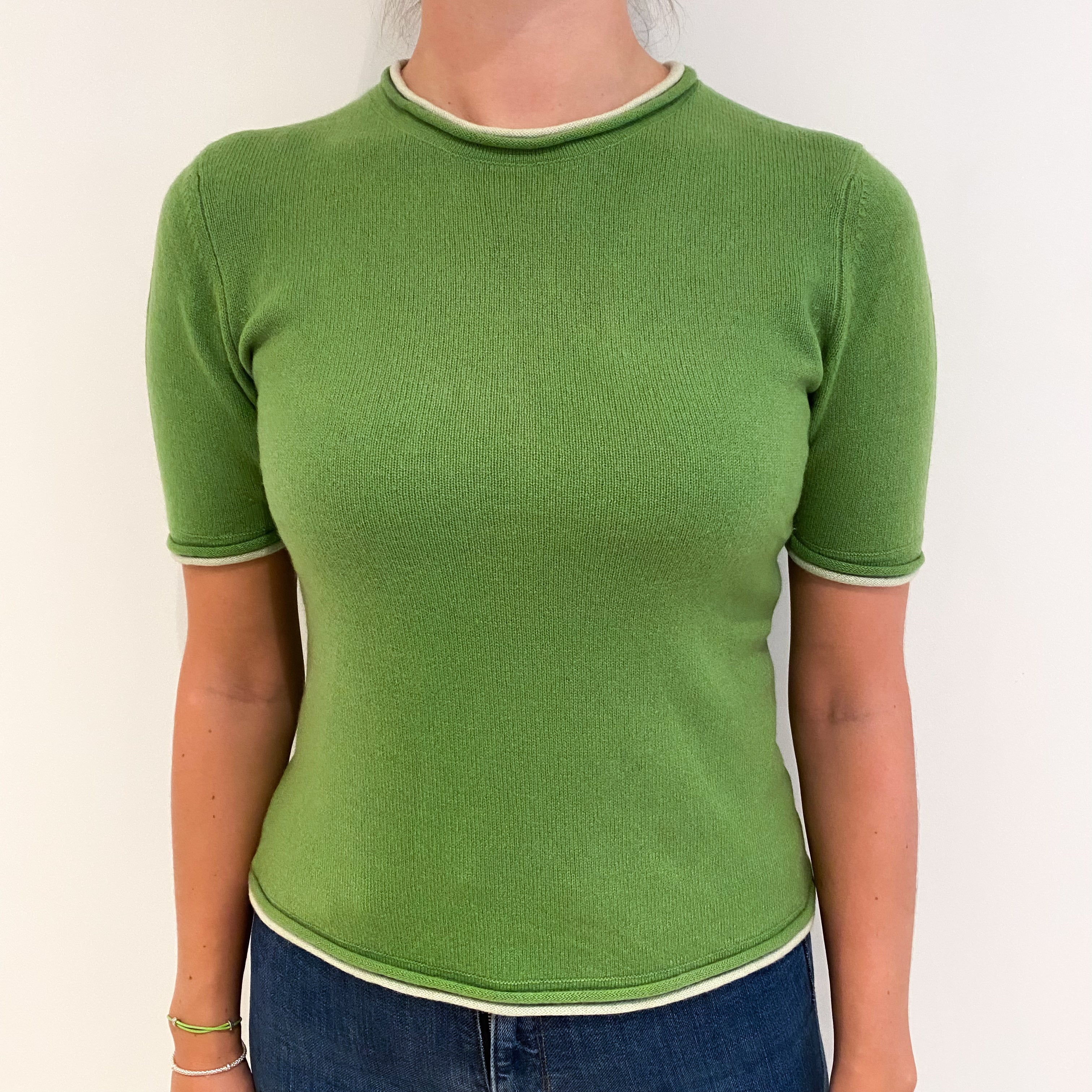 Pear Green Cashmere Crew Neck Short Sleeved Jumper Small