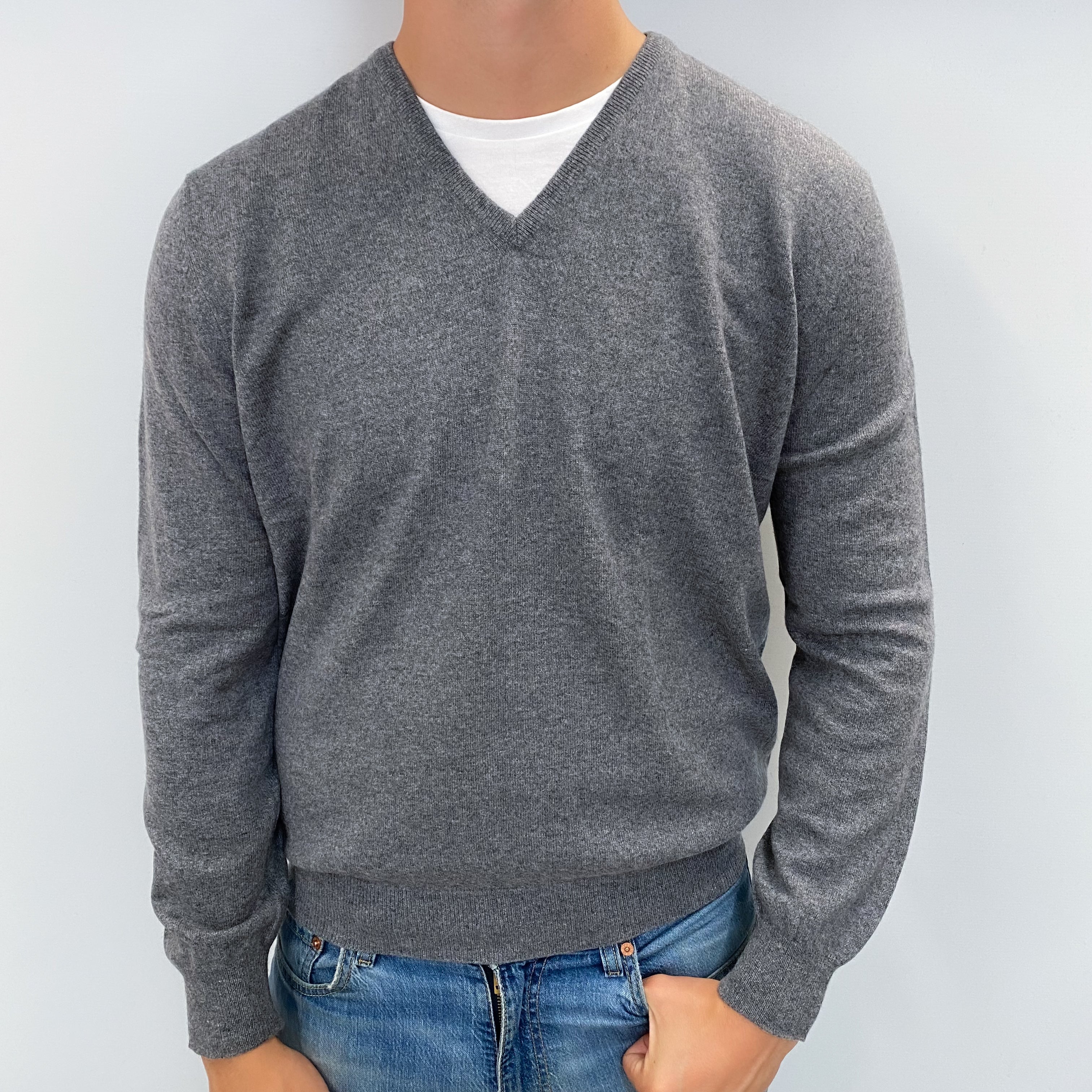 Men's Ash Grey Cashmere V Neck Jumper XXL
