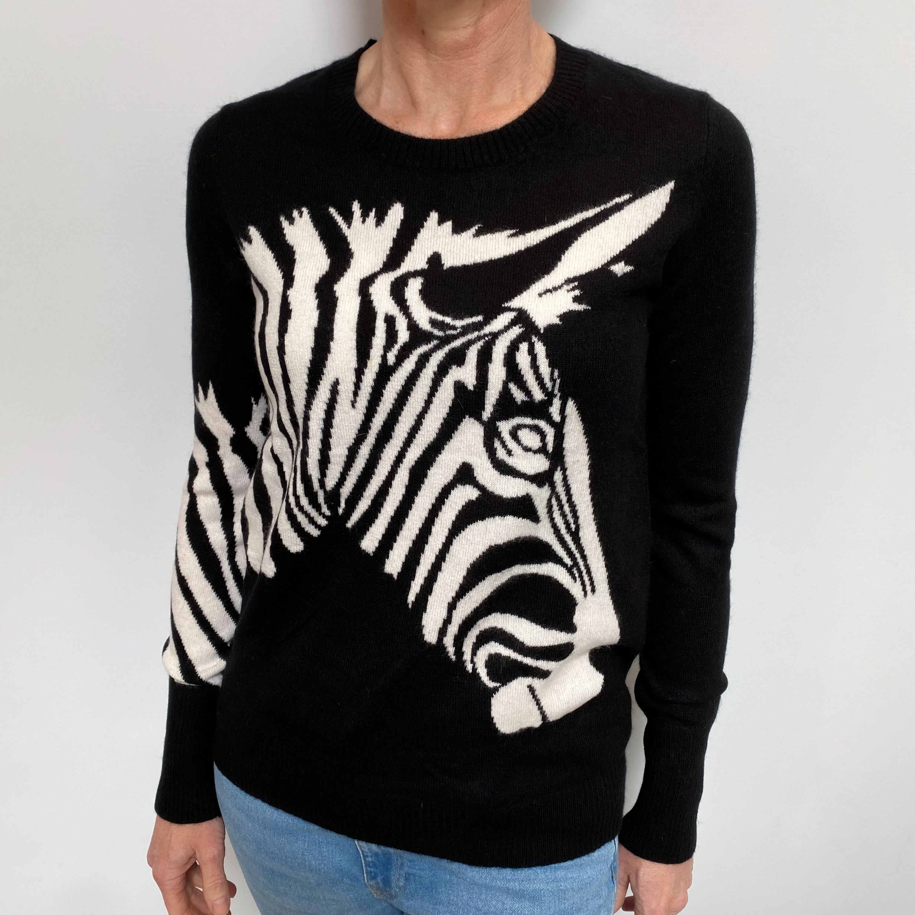 Black Cashmere Zebra Crew Neck Jumper Small