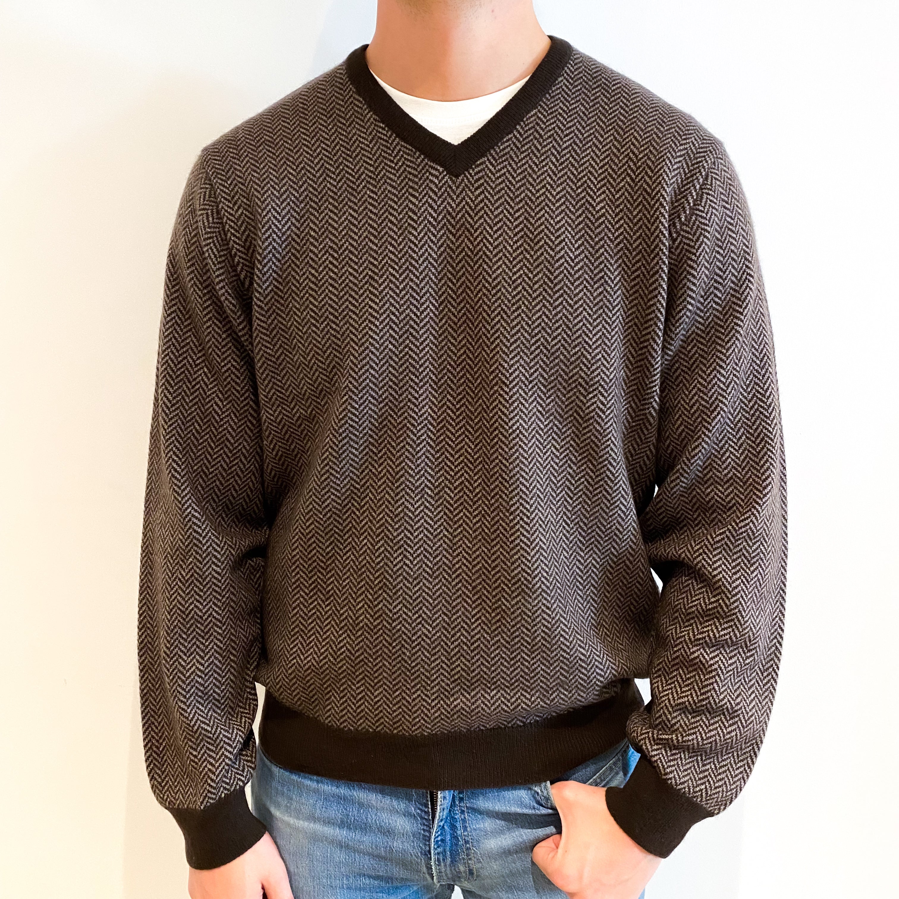 Men's Chocolate Brown and Grey Cashmere V Neck Jumper XL