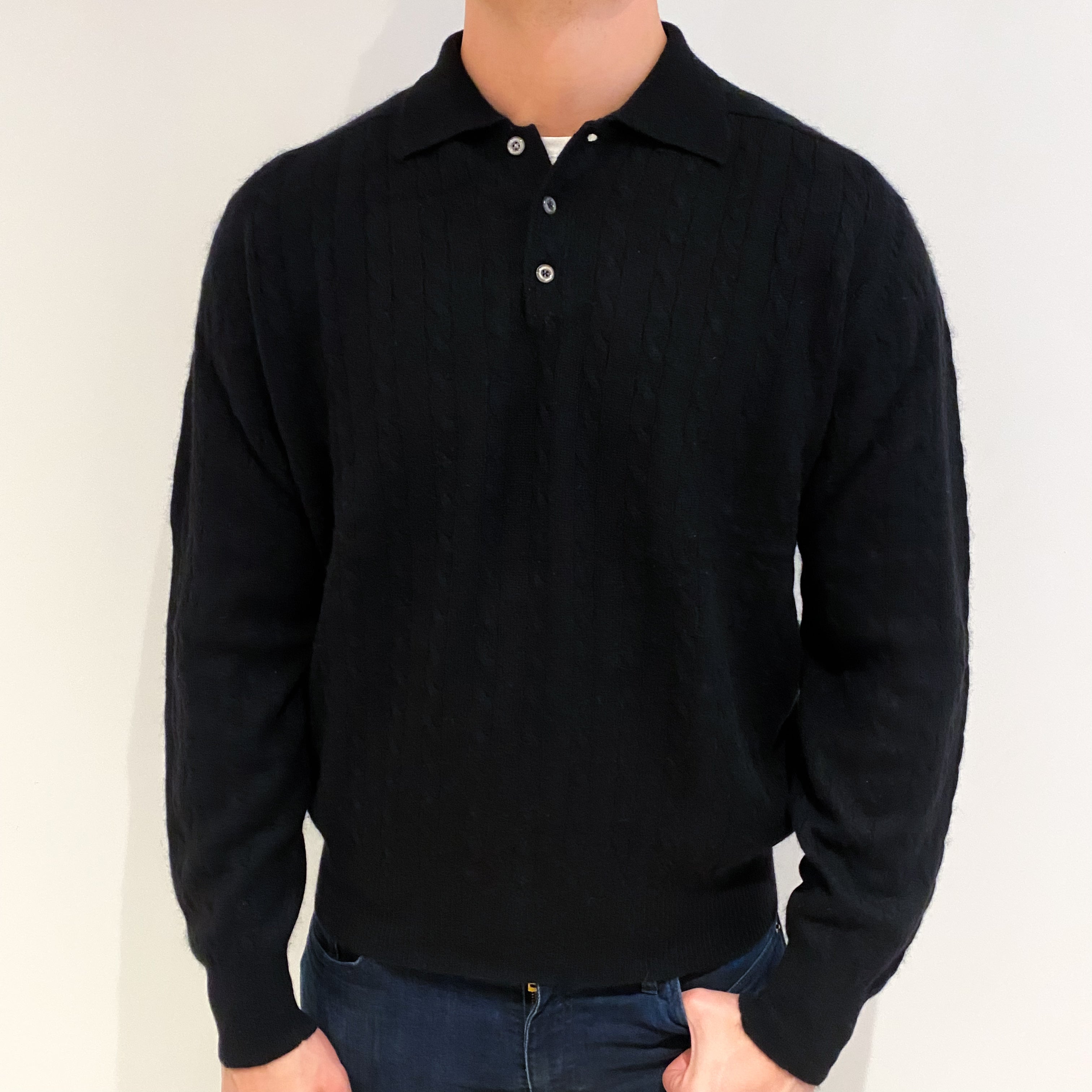 Men's Black Cashmere Collared V Neck Jumper XL