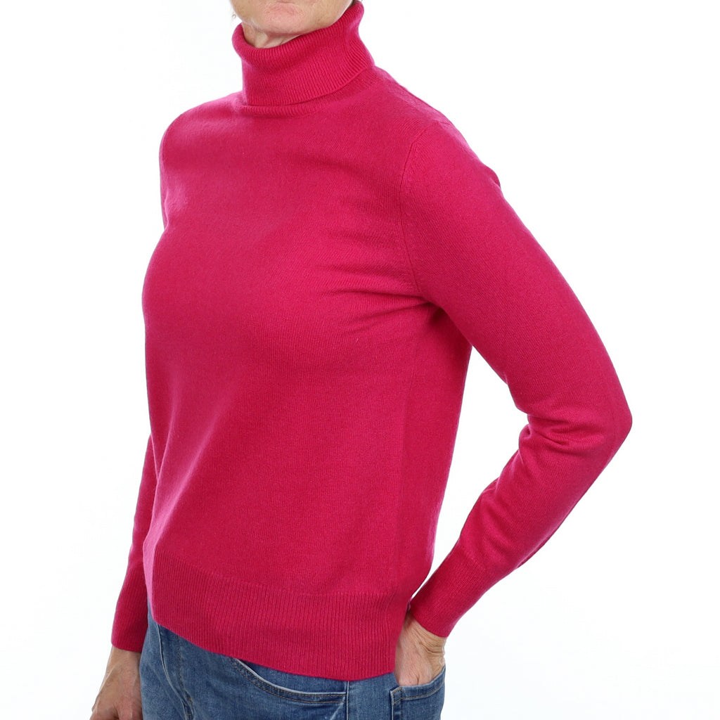 Fuchsia Pink Cashmere Polo Neck Jumper Small