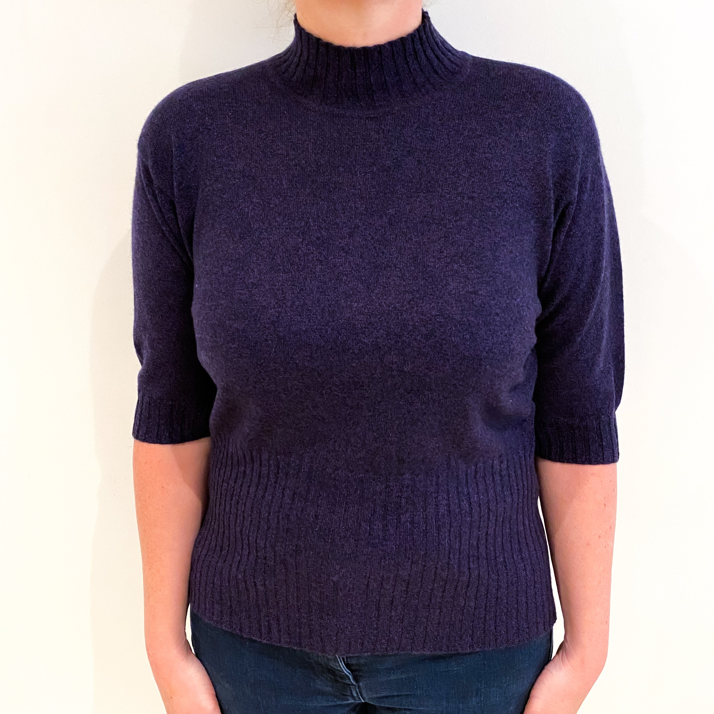 Purple Marl Cashmere Polo Neck Short Sleeved Jumper Large