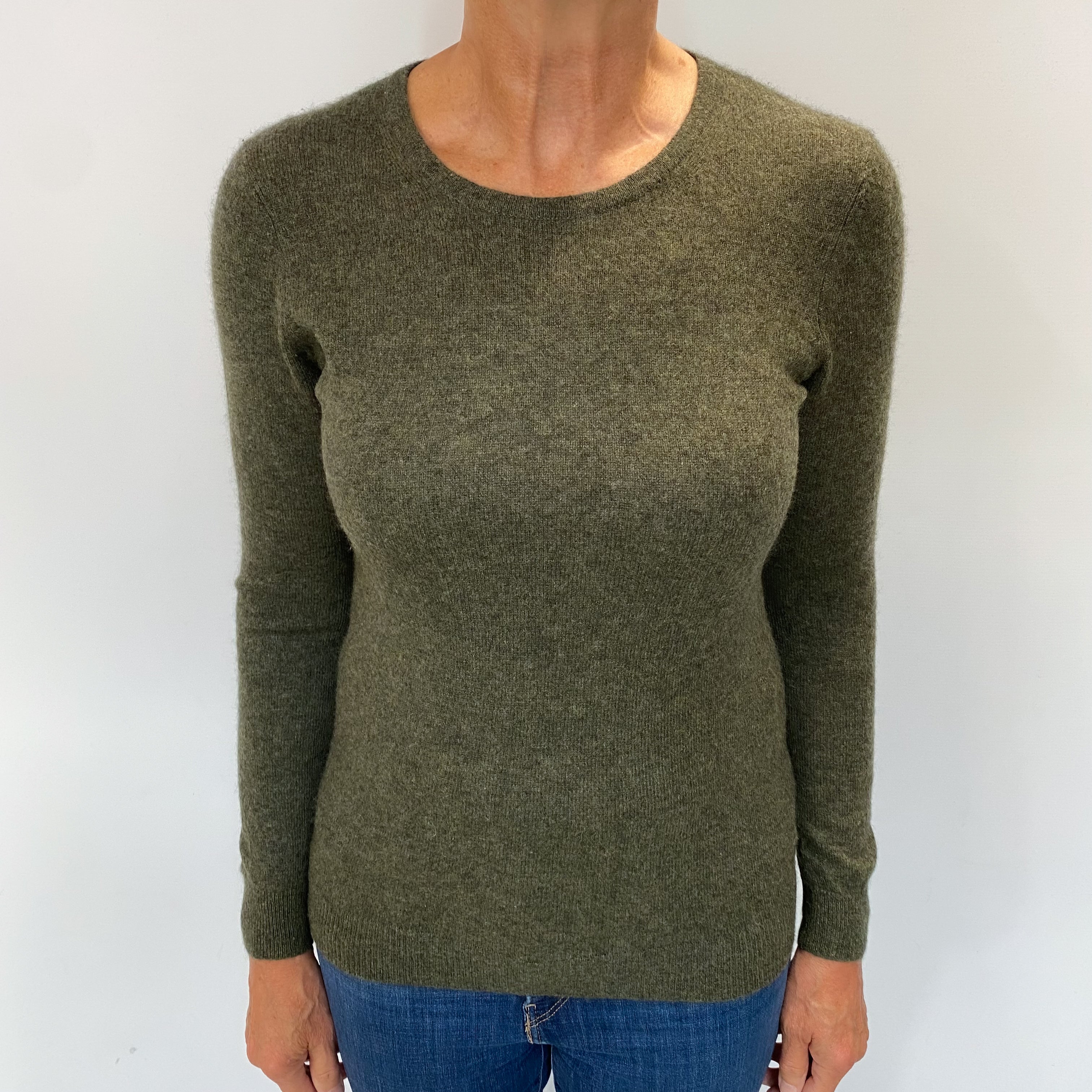 Khaki Green Marl Cashmere Crew Neck Jumper Medium