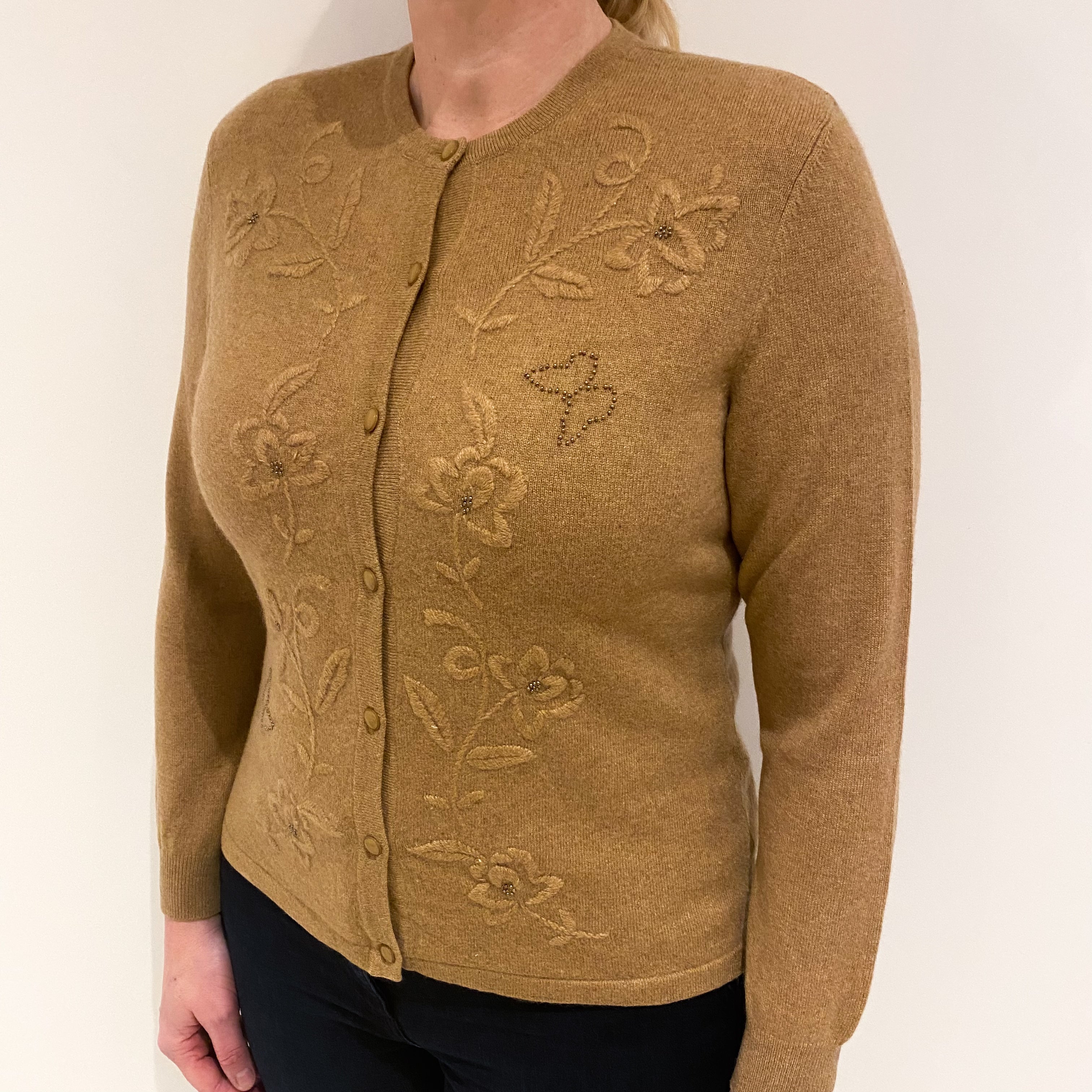 Camel Brown Floral Embroidered Cashmere Crew Cardigan Large