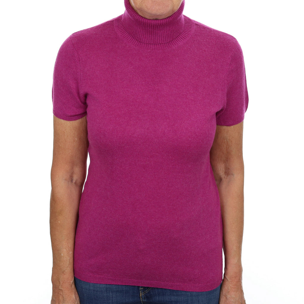 Magenta Pink Cashmere Polo Neck Short Sleeved Jumper Medium