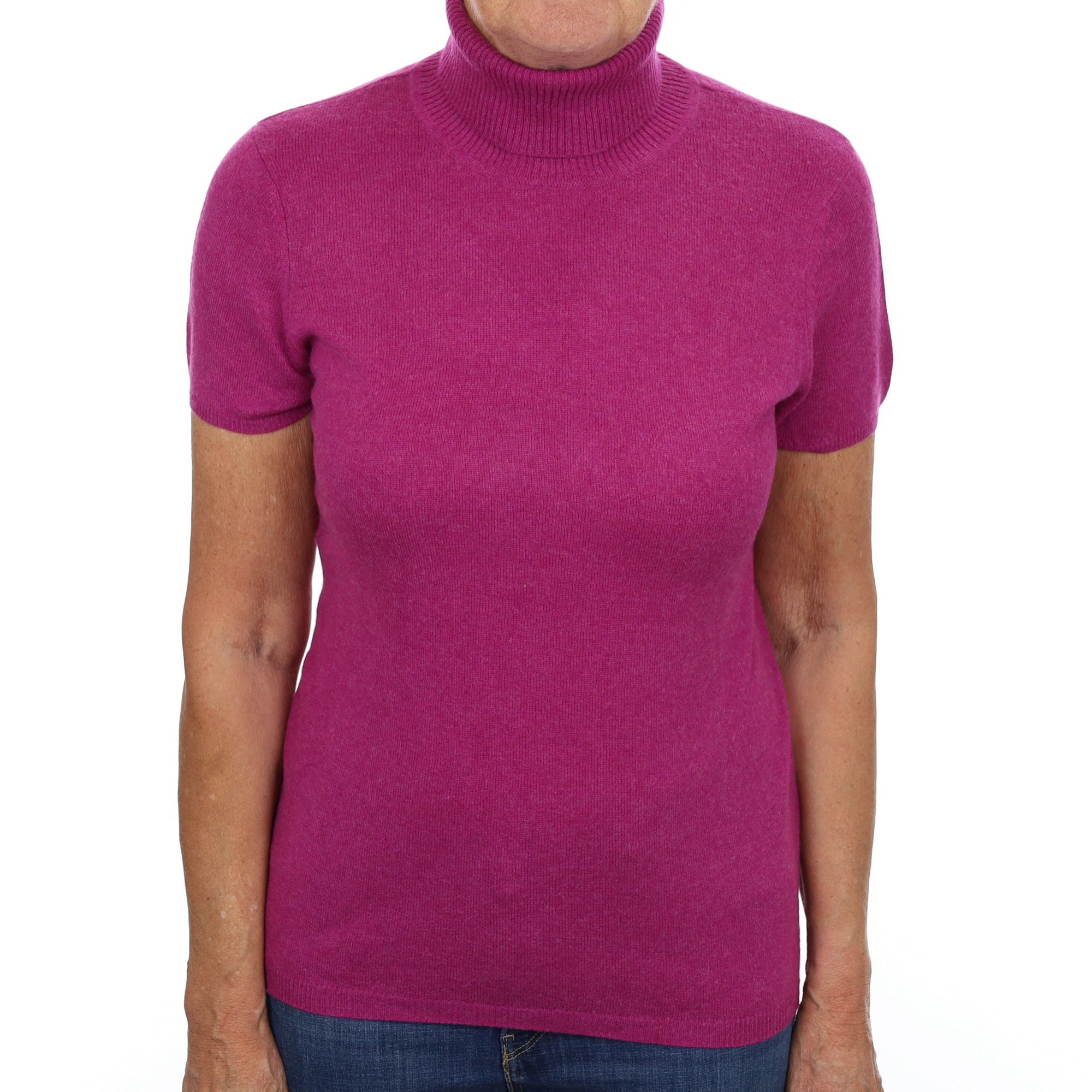 Magenta Pink Cashmere Polo Neck Short Sleeved Jumper Medium