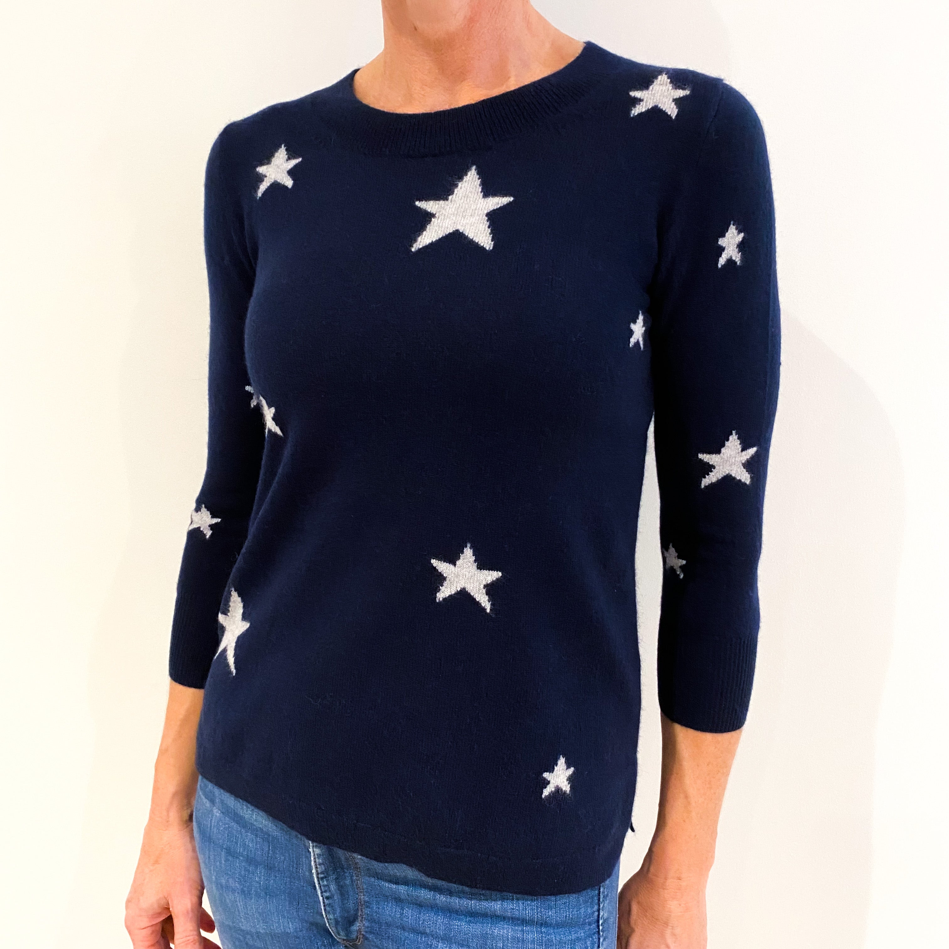 Navy Blue Star Pattern 3/4 Sleeve Cashmere Crew Neck Jumper Small