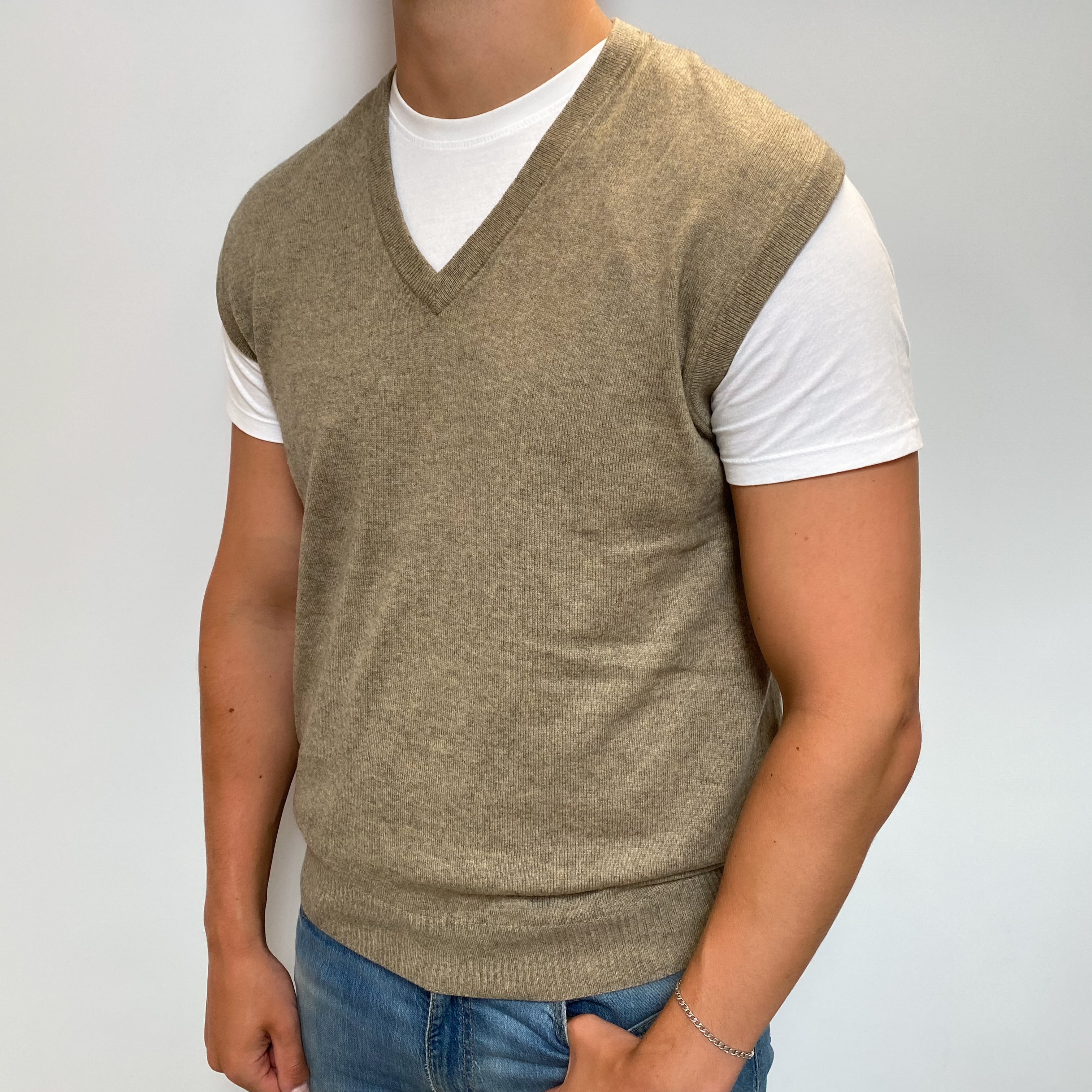 Men's Taupe Brown Cashmere V Neck Tank Top XL