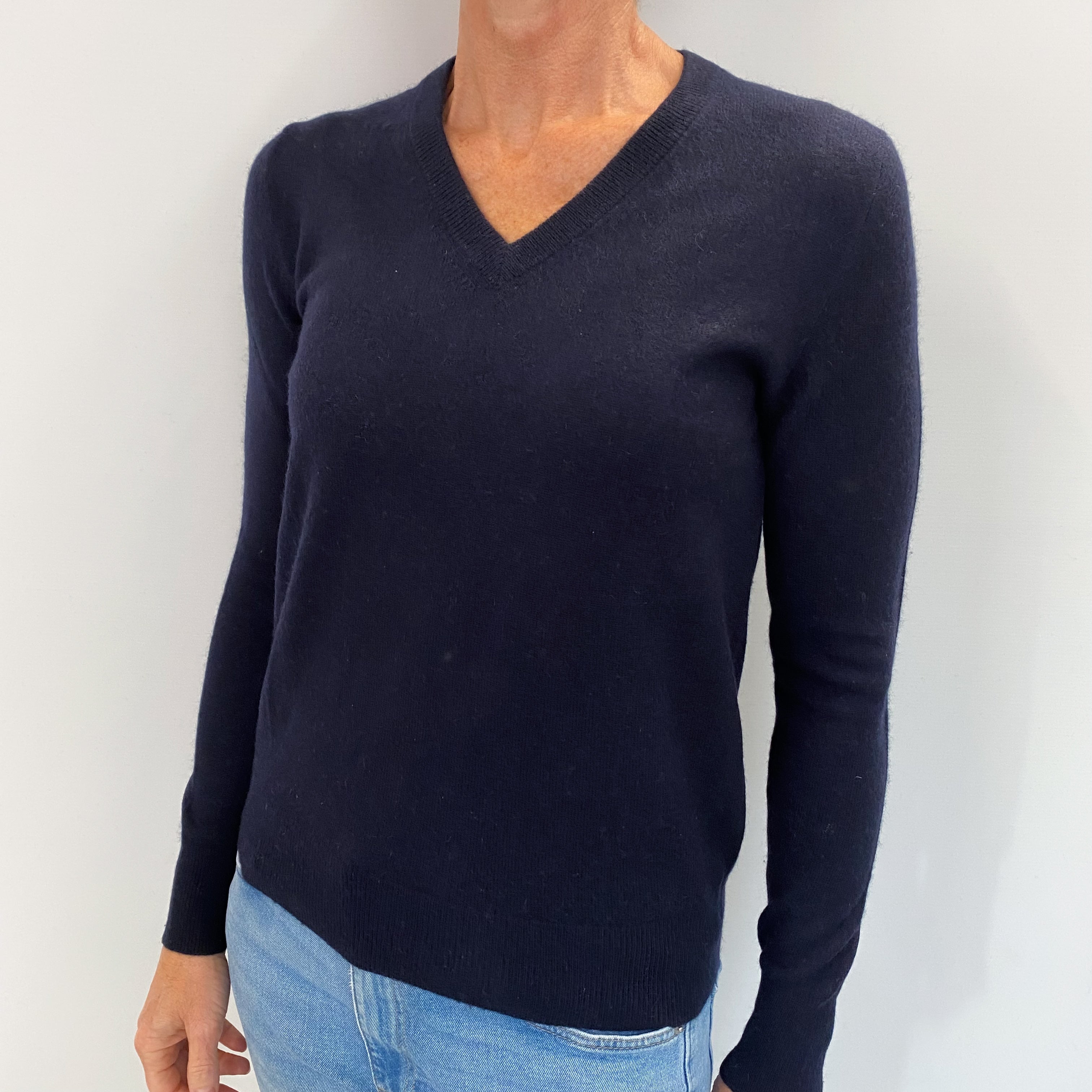 Navy Blue Cashmere V Neck Jumper Small