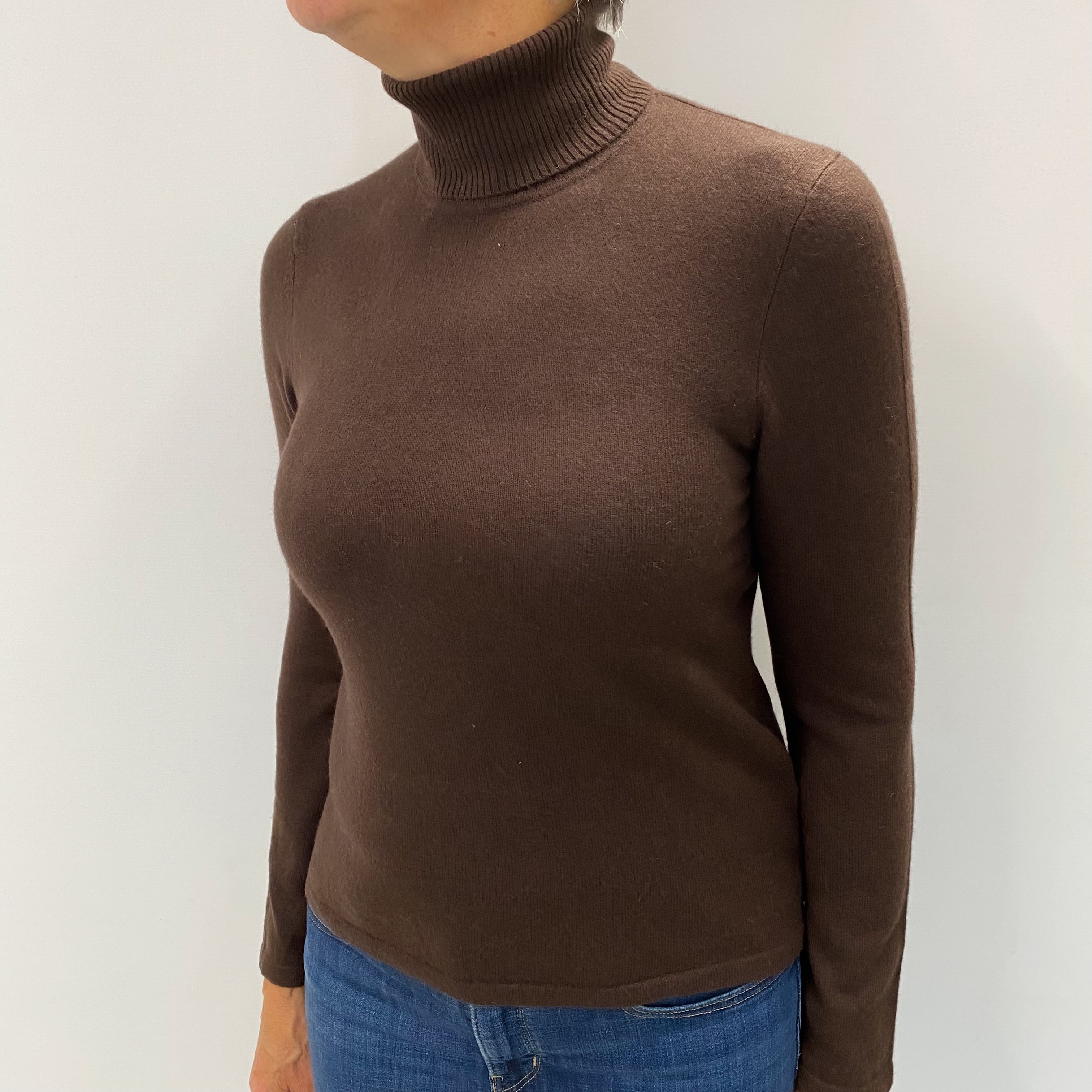 Chocolate Brown Cashmere Polo Neck Jumper Medium