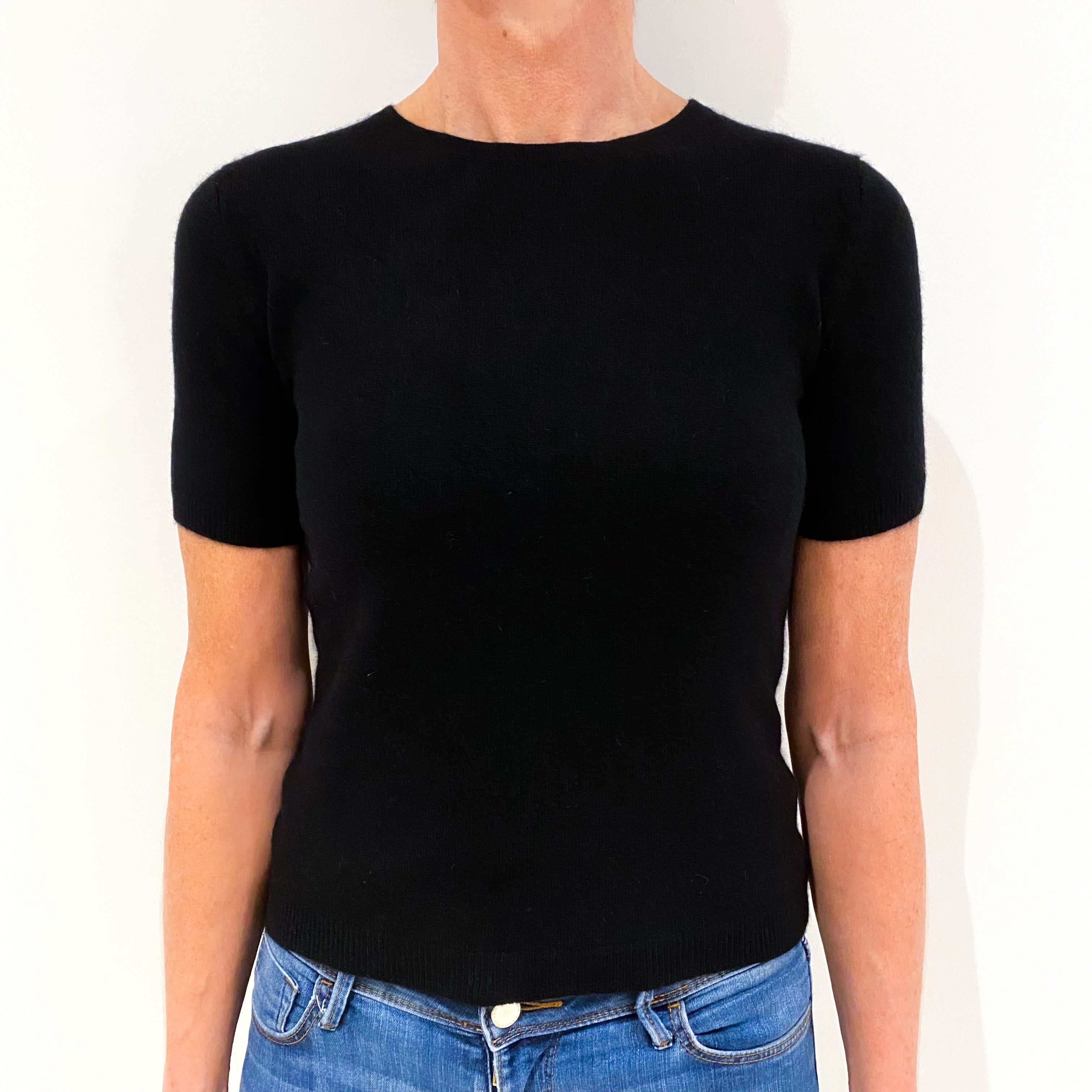 Black Short Sleeved Cashmere Crew Neck Jumper Small Petite