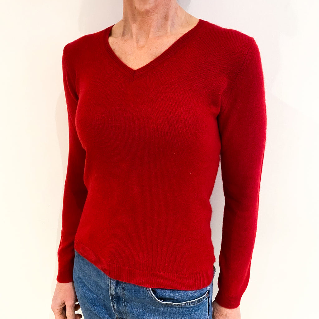 Post Box Red Cashmere V Neck Jumper Small