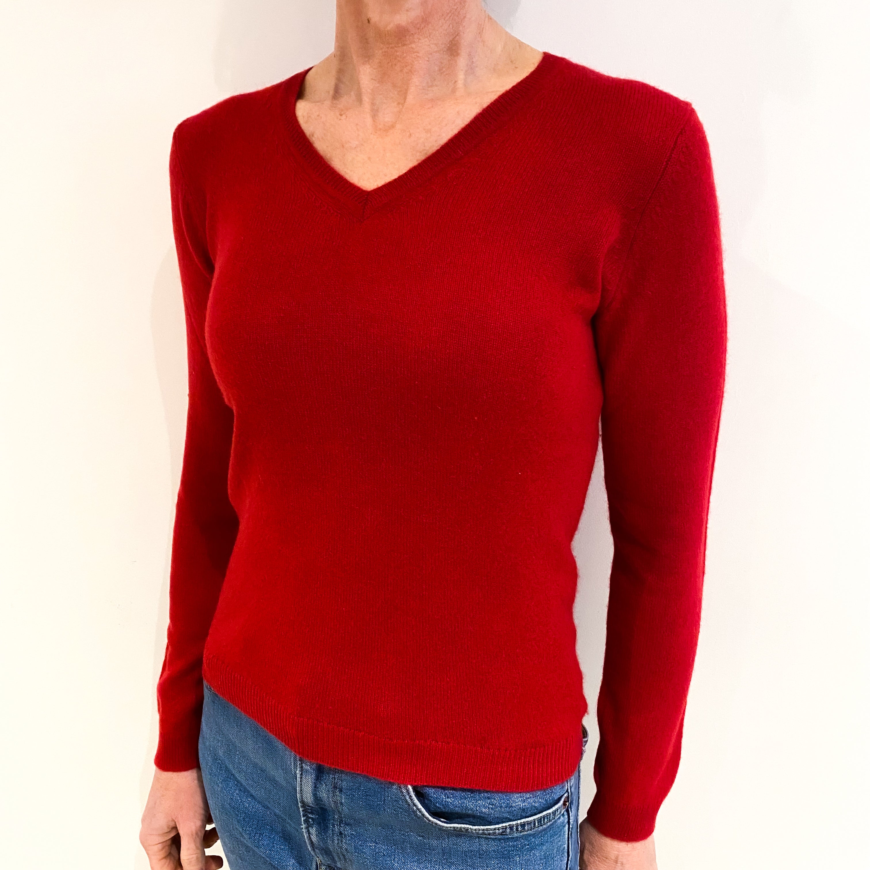 Post Box Red Cashmere V Neck Jumper Small