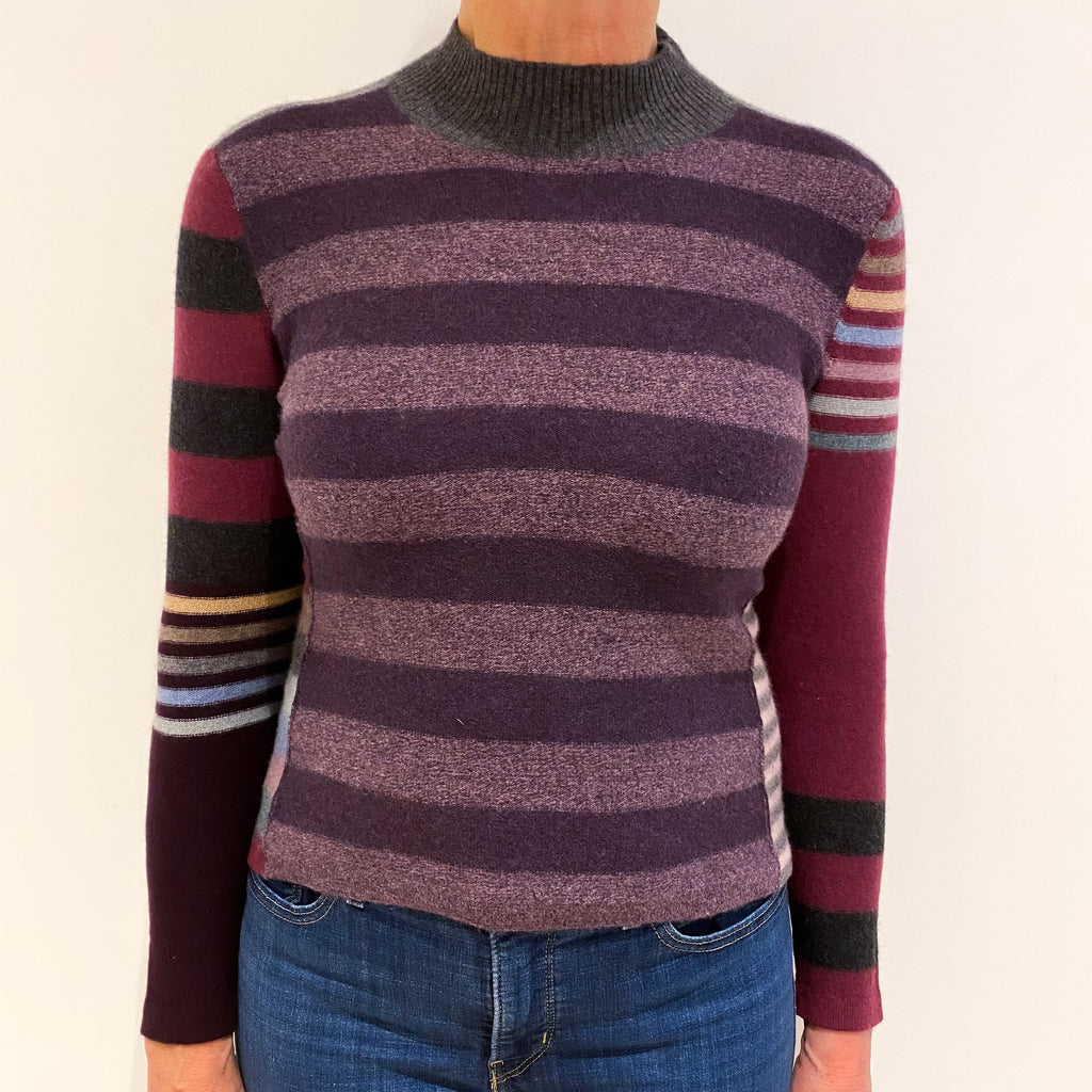 Purple Multicoloured Striped Cashmere Turtle Neck Jumper Medium