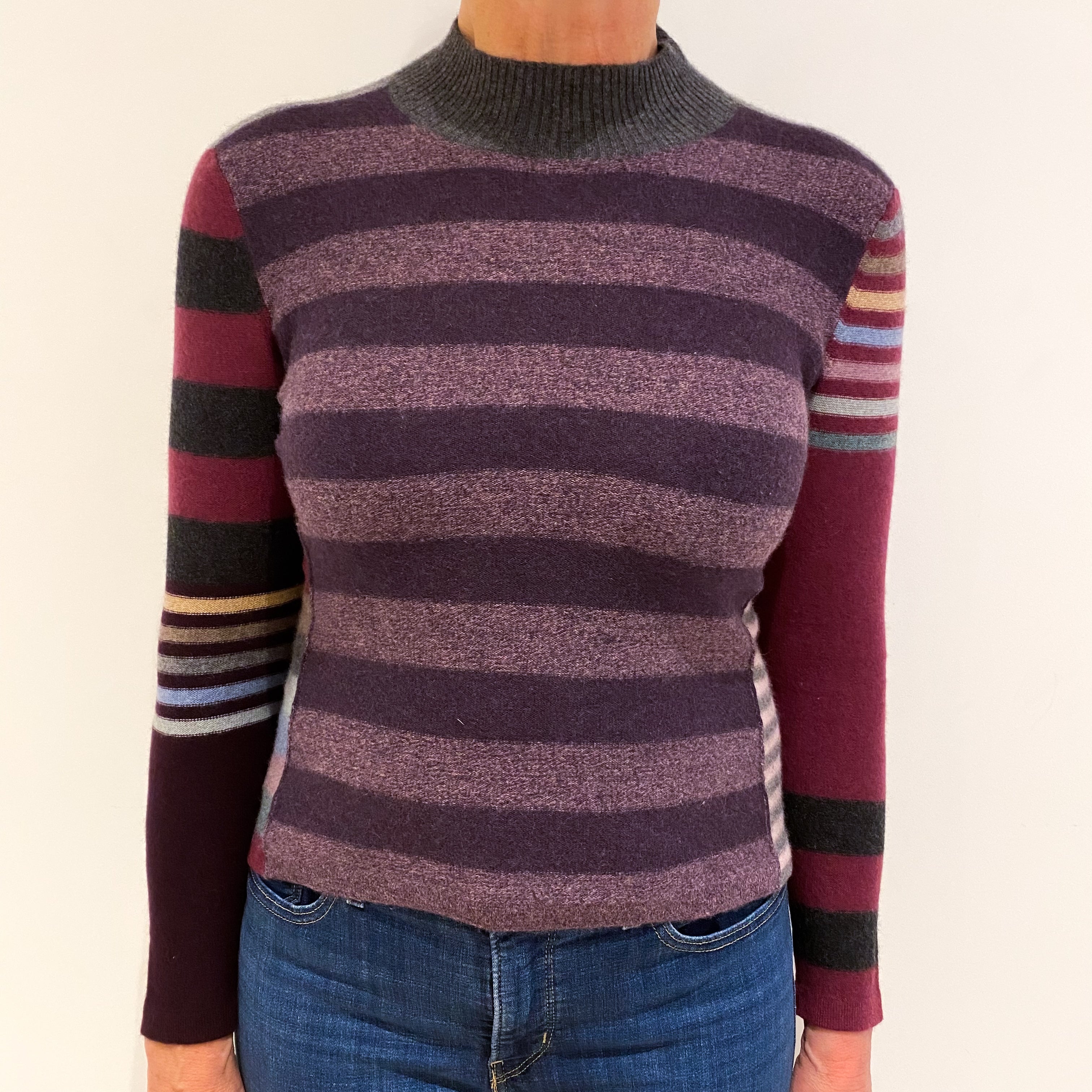 Purple Multicoloured Striped Cashmere Turtle Neck Jumper Medium