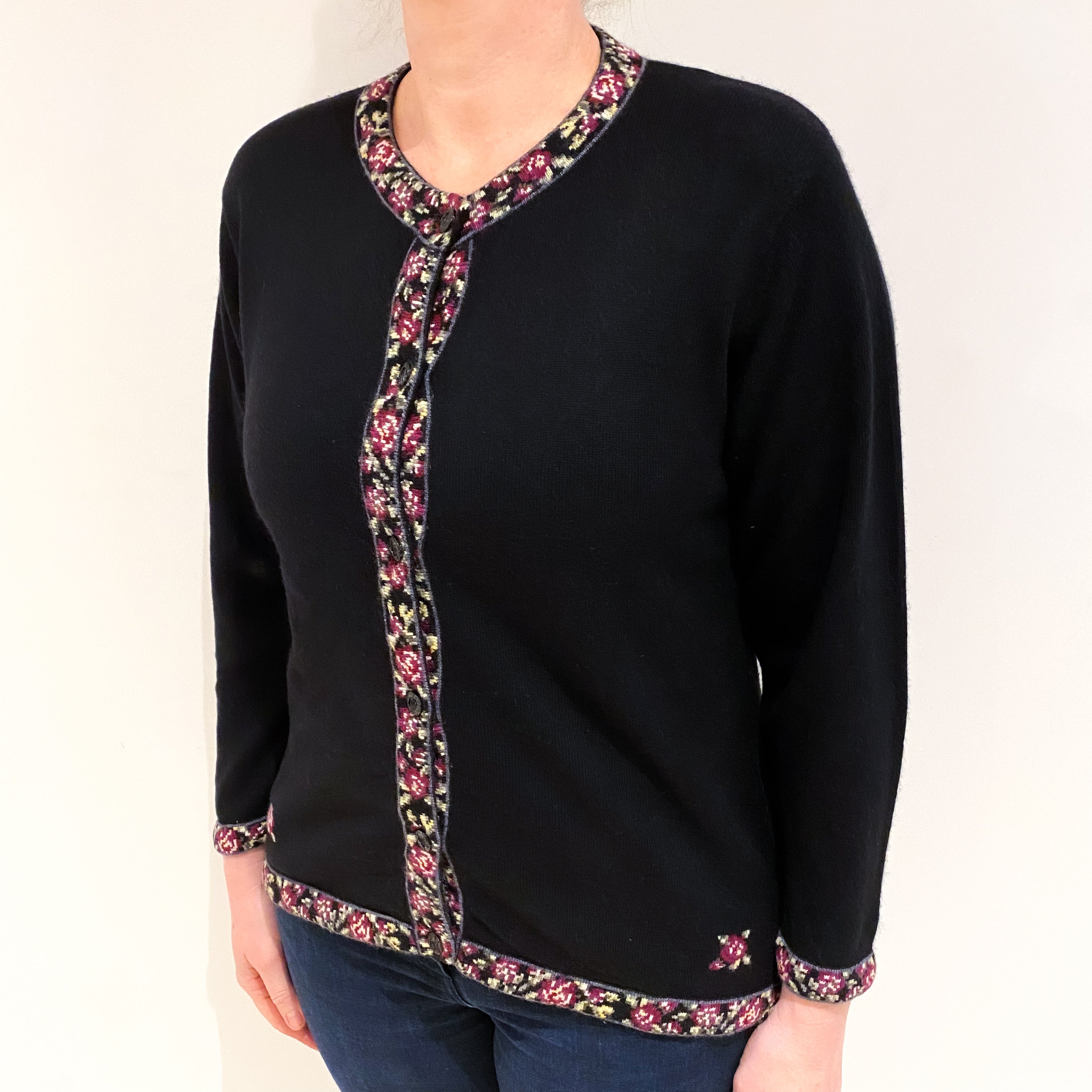 Black With Floral Trim Cashmere Crew Neck Cardigan Large