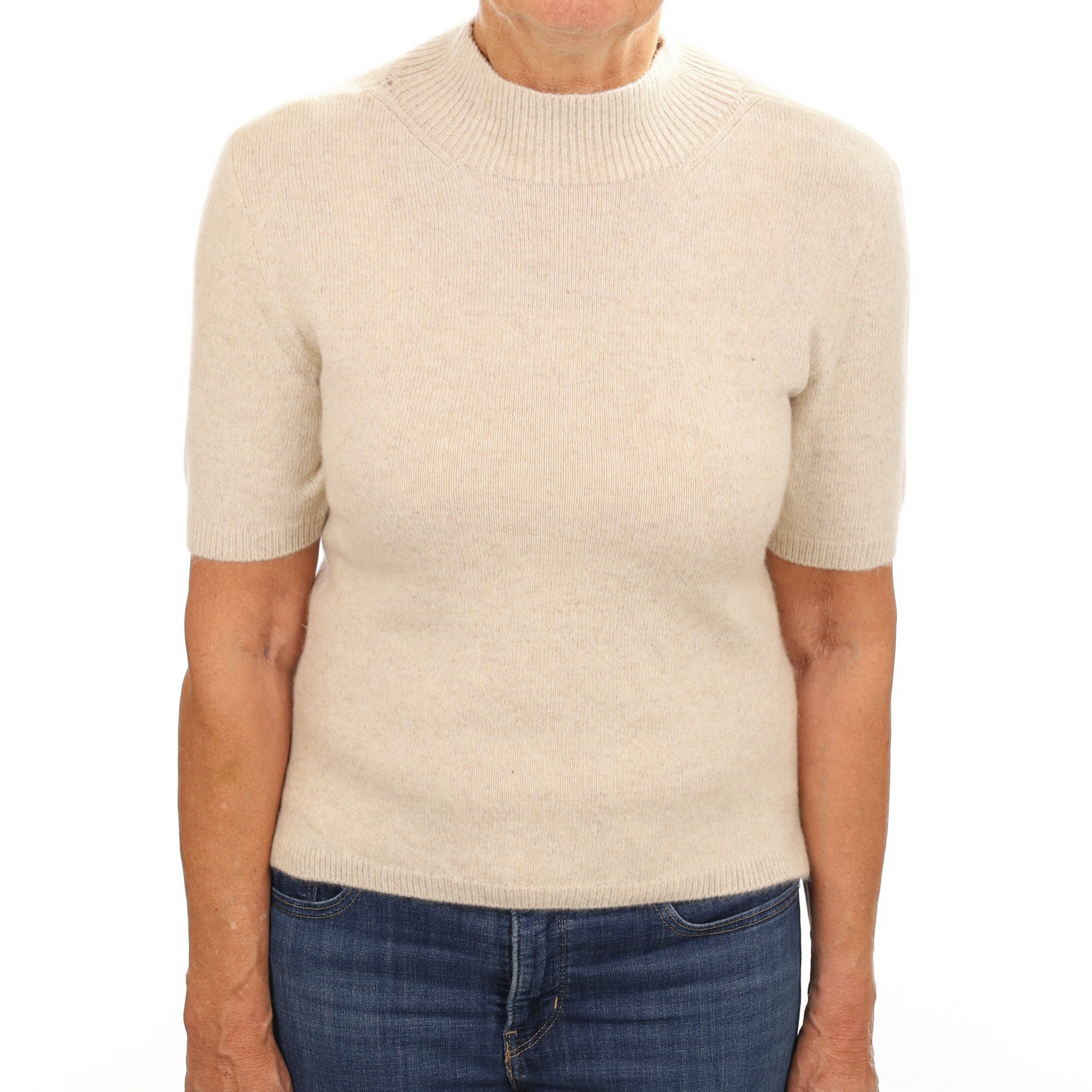 Oatmeal Beige Cashmere Turtle Neck Short Sleeved Jumper Medium