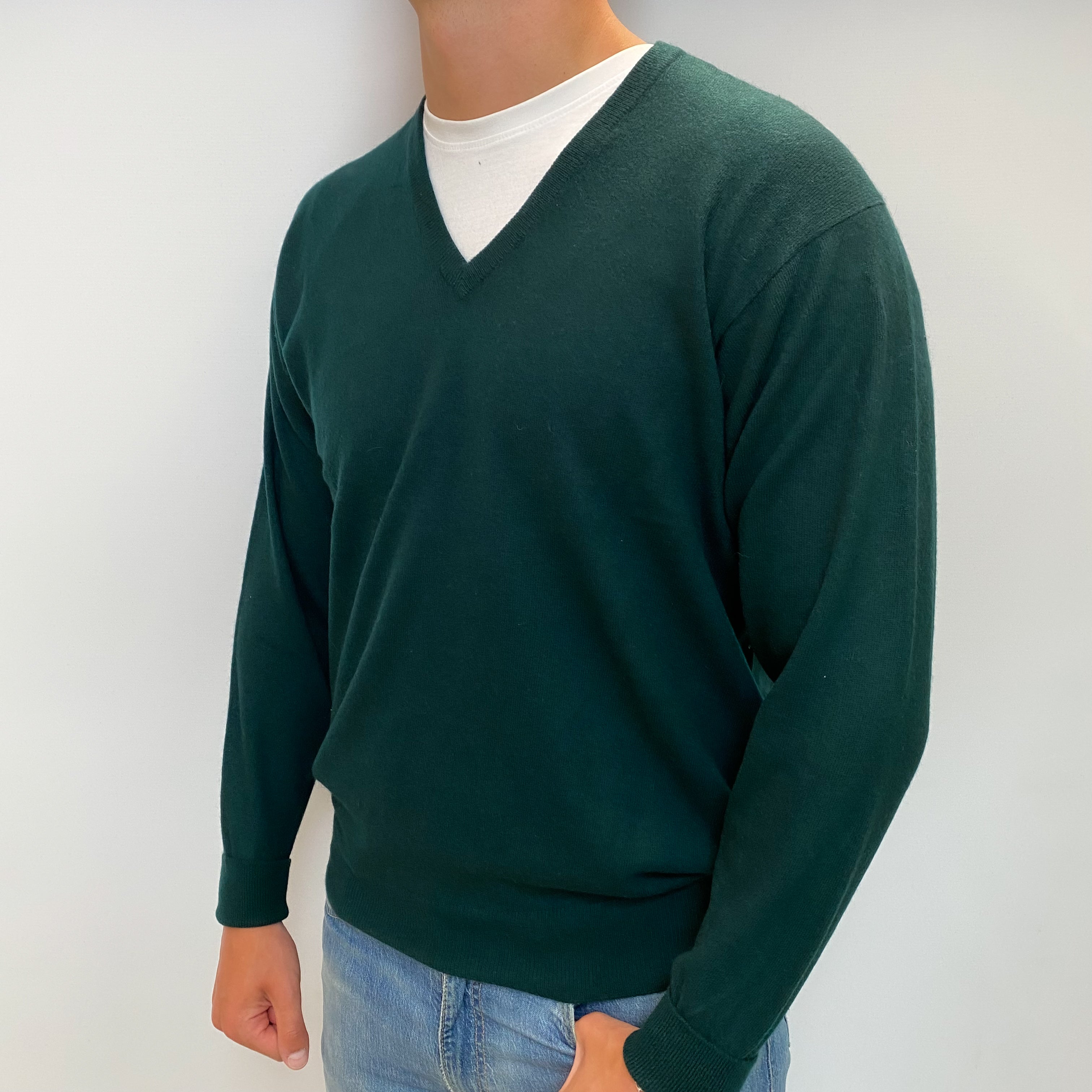 Men's Vintage Scottish Bottle Green Cashmere V Neck Jumper XL