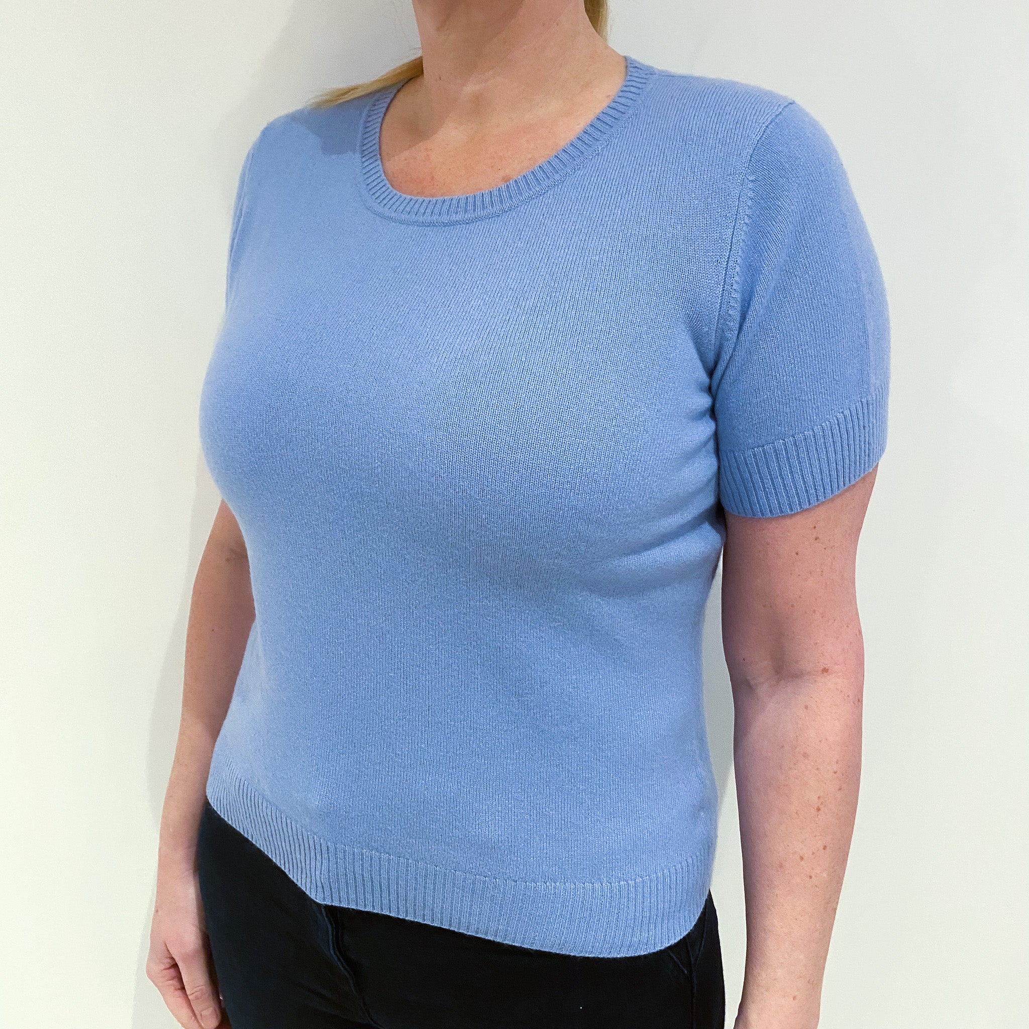 Sky Blue Short Sleeve Cashmere Crew Neck Jumper Large