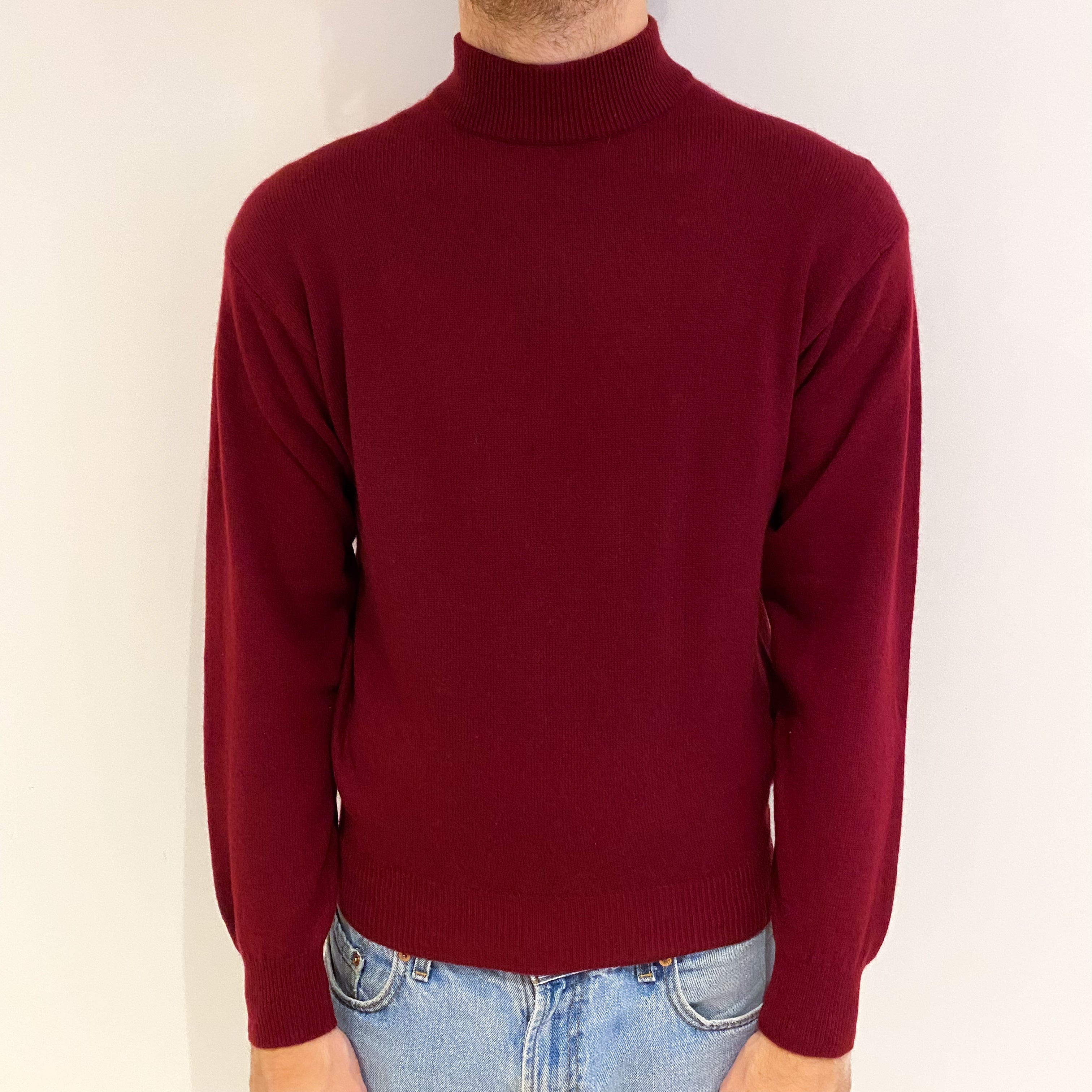 Men's Burgundy Red Cashmere Turtle Neck Jumper Medium