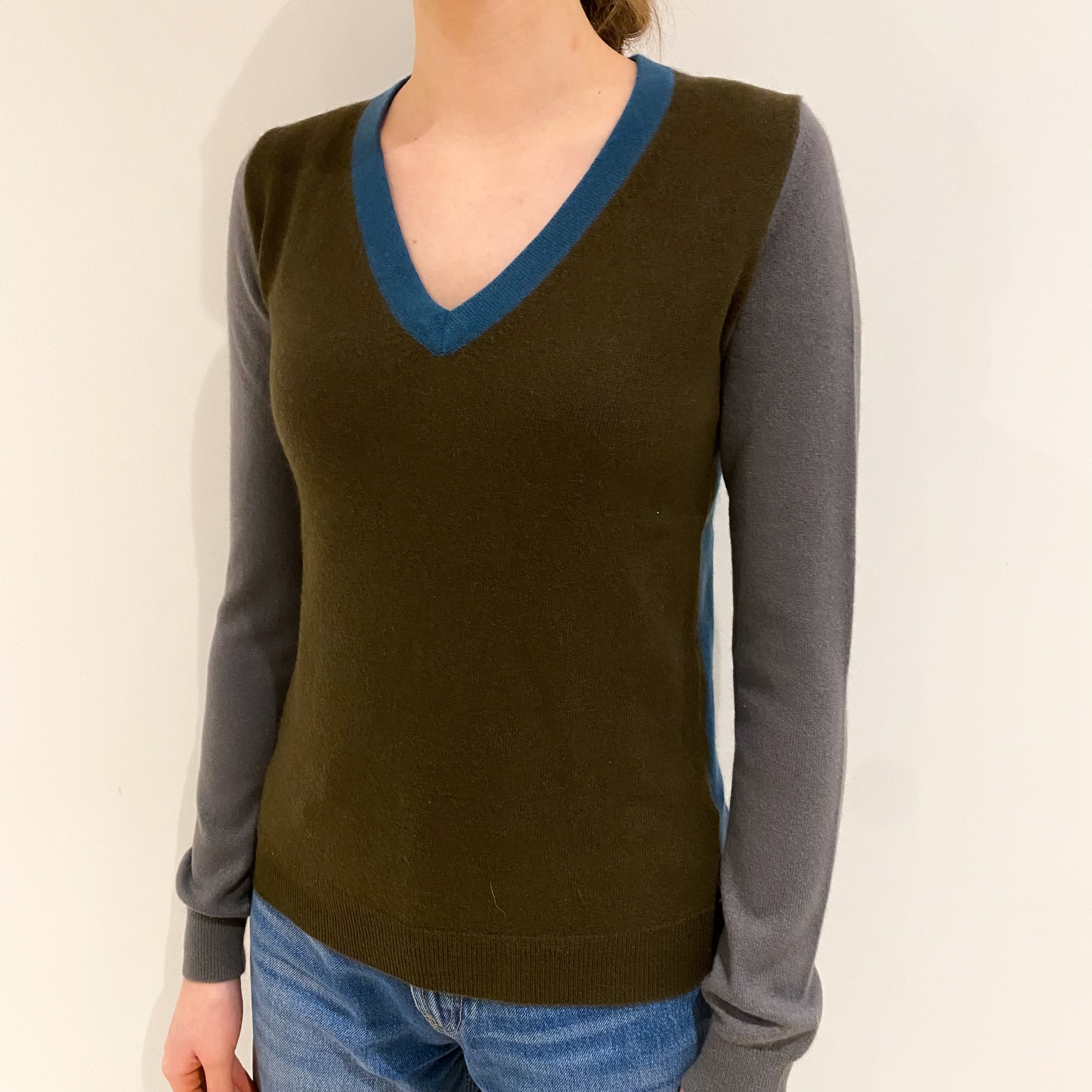 Khaki Grey and Petrol Blue Cashmere V Neck Jumper Extra Small