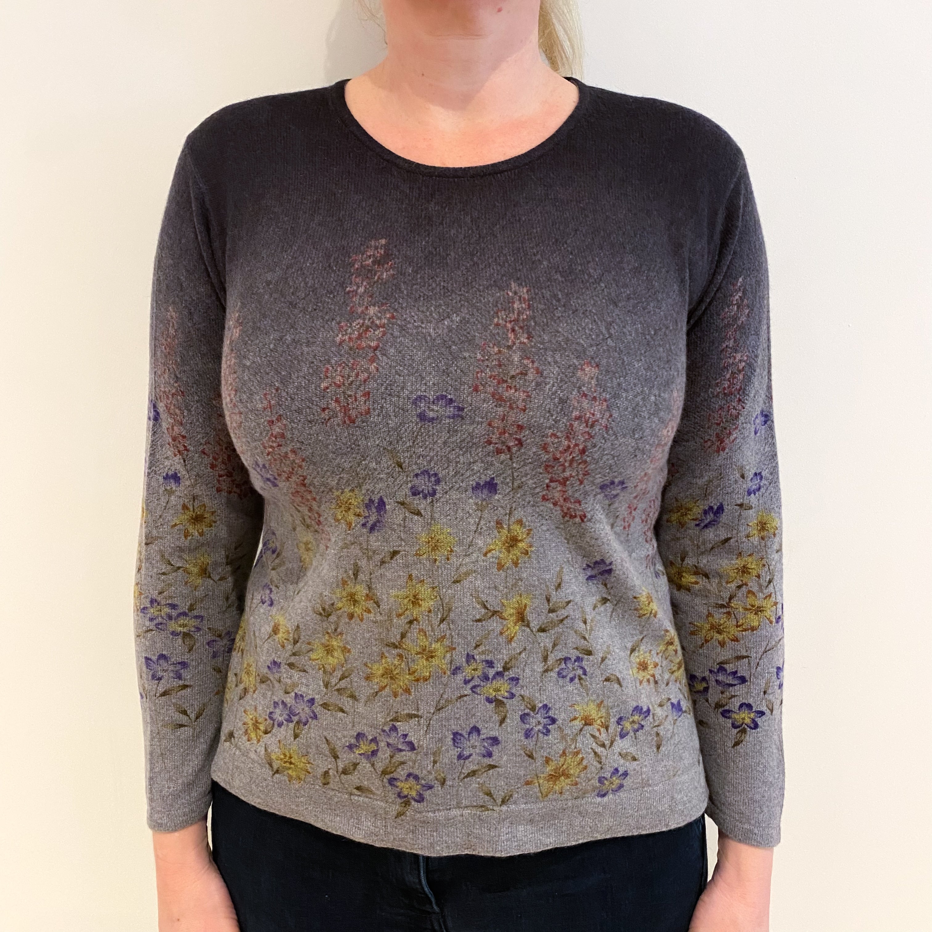 Grey Gradient with Flower Pattern Cashmere Crew Neck Jumper Large