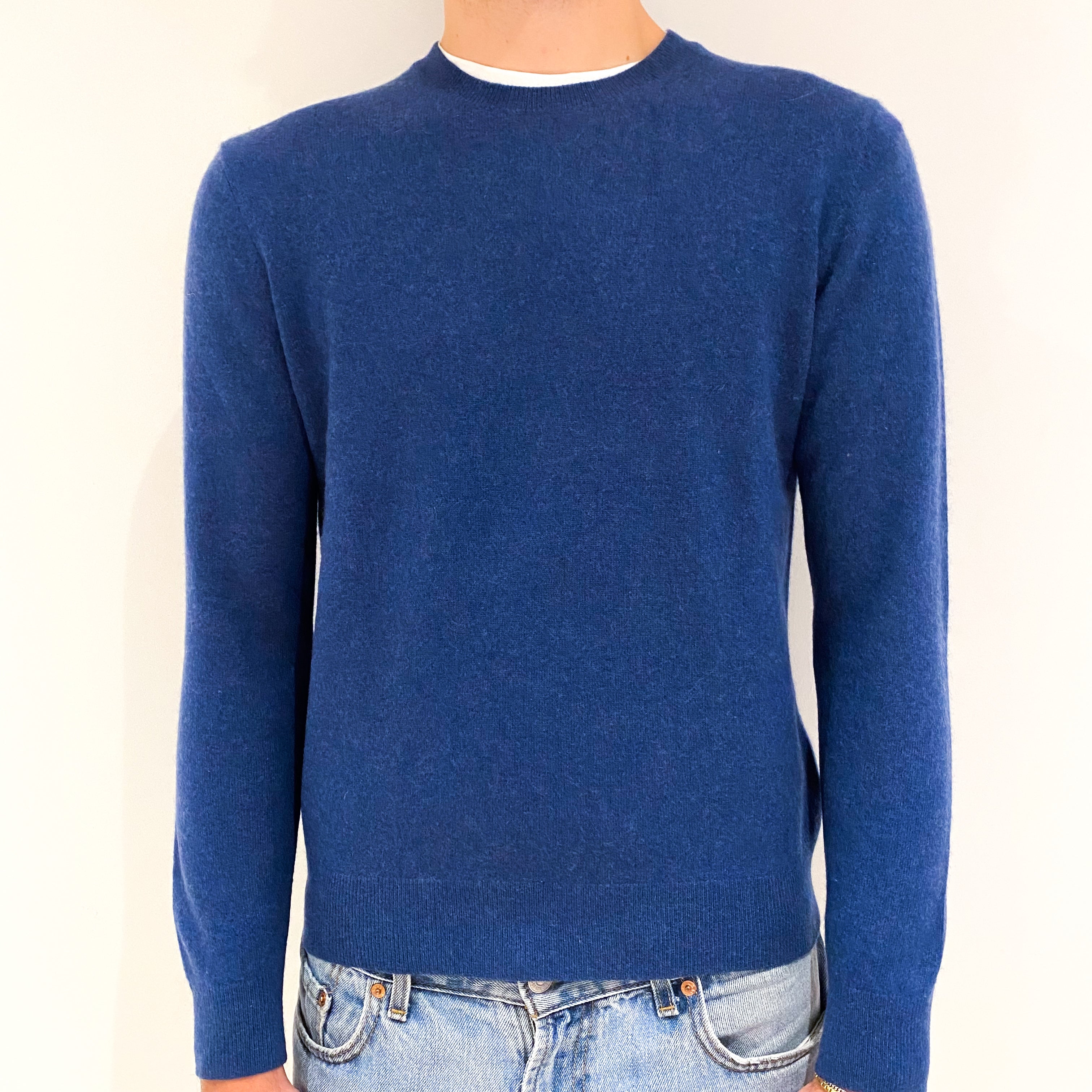 Men's Dark Denim Blue Cashmere Crew Neck Jumper Medium
