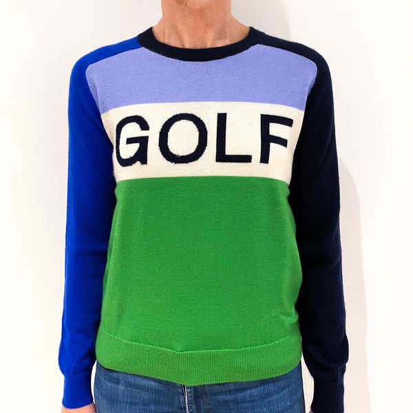 Tory Burch Blue, Green and Block ‘Golf’ Logo Cashmere Crew Neck Jumper Small