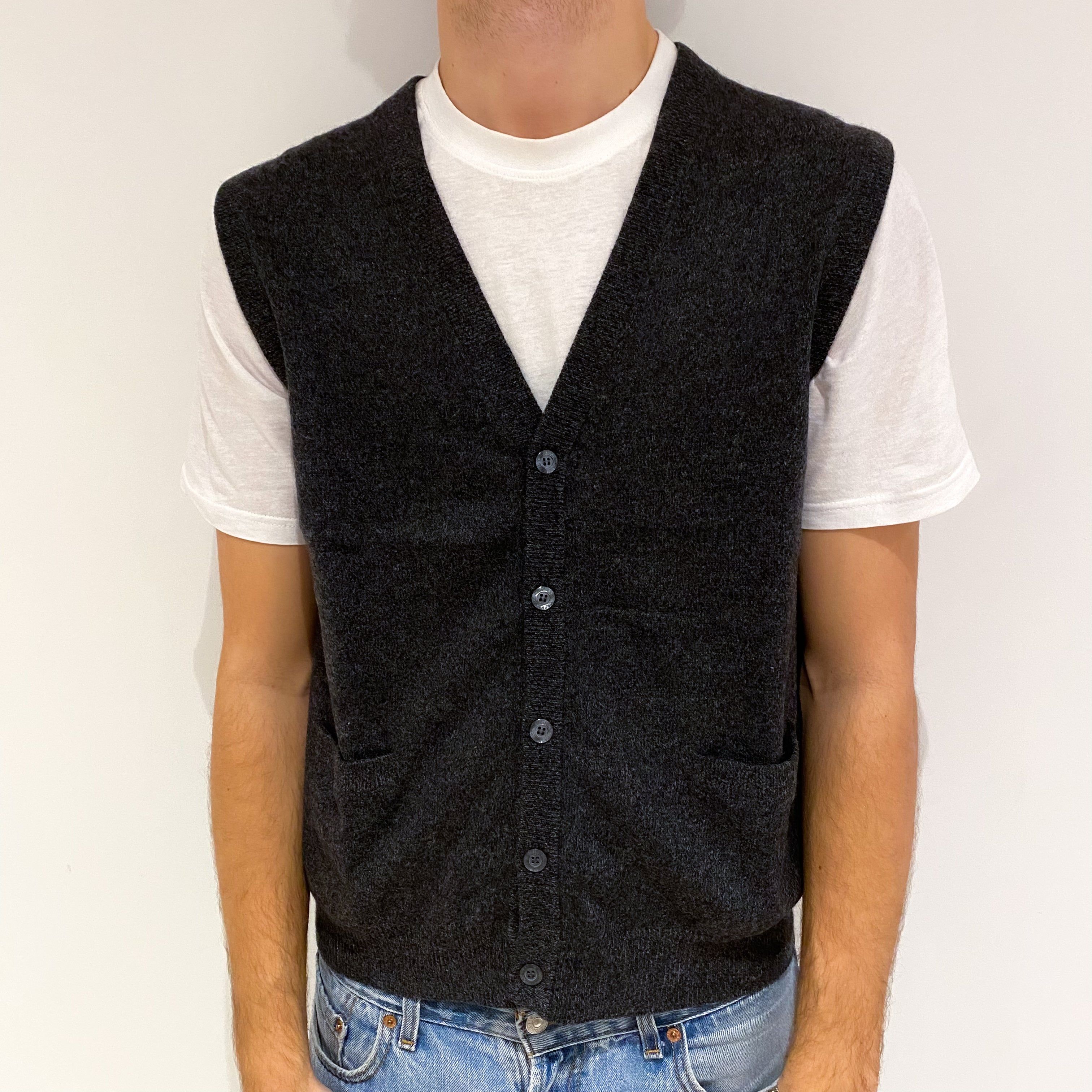 Men's Charcoal Grey Cashmere V Neck Gilet with Pockets Large